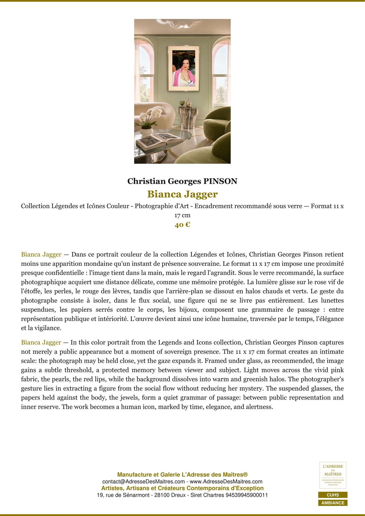 Fiche Premium Ambiance - Bianca Jagger - Christian Georges PINSON - L'Adresse des Maîtres®