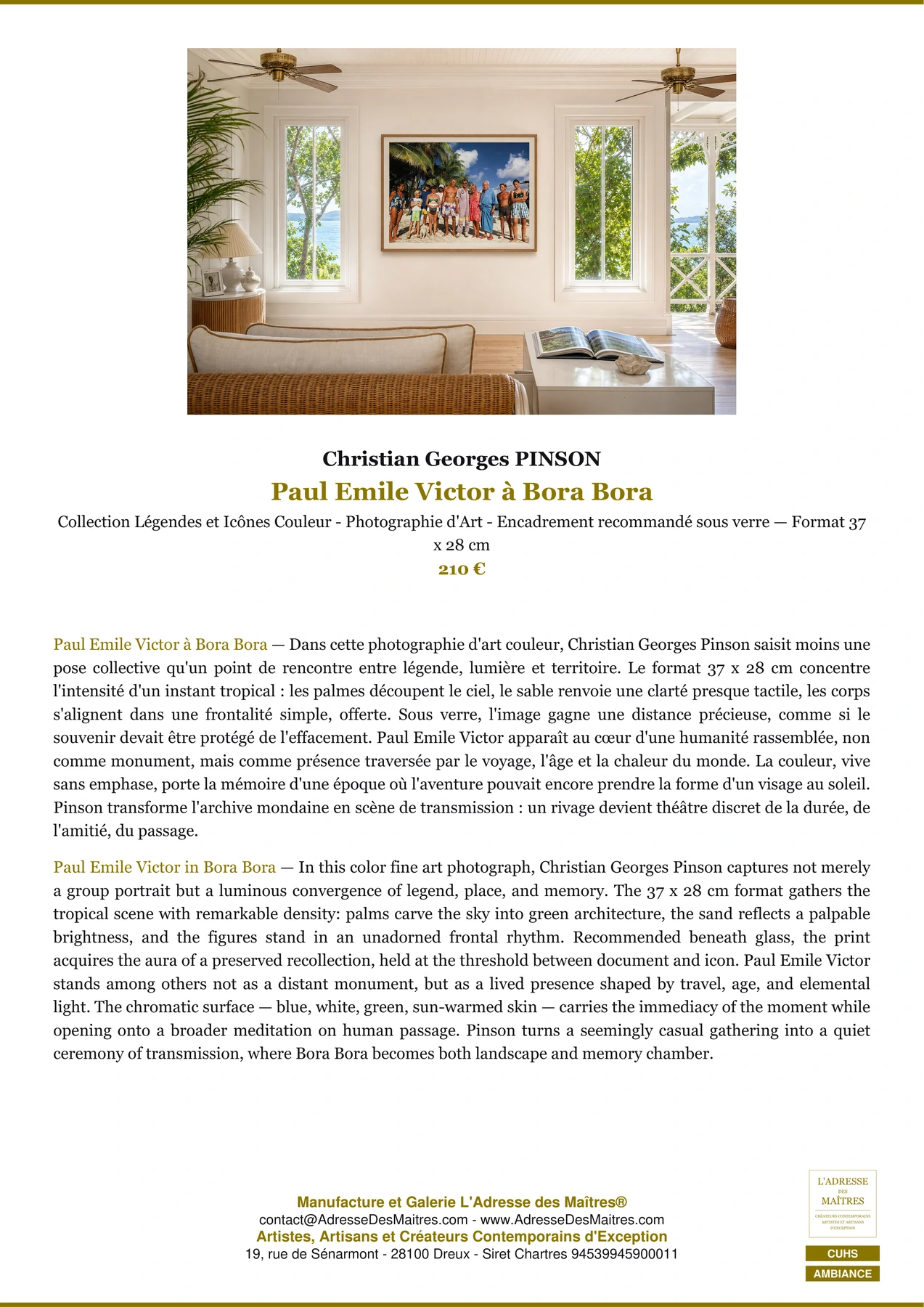 Fiche Premium Ambiance - Paul Emile Victor à Bora Bora - Christian Georges PINSON - L'Adresse des Maîtres®