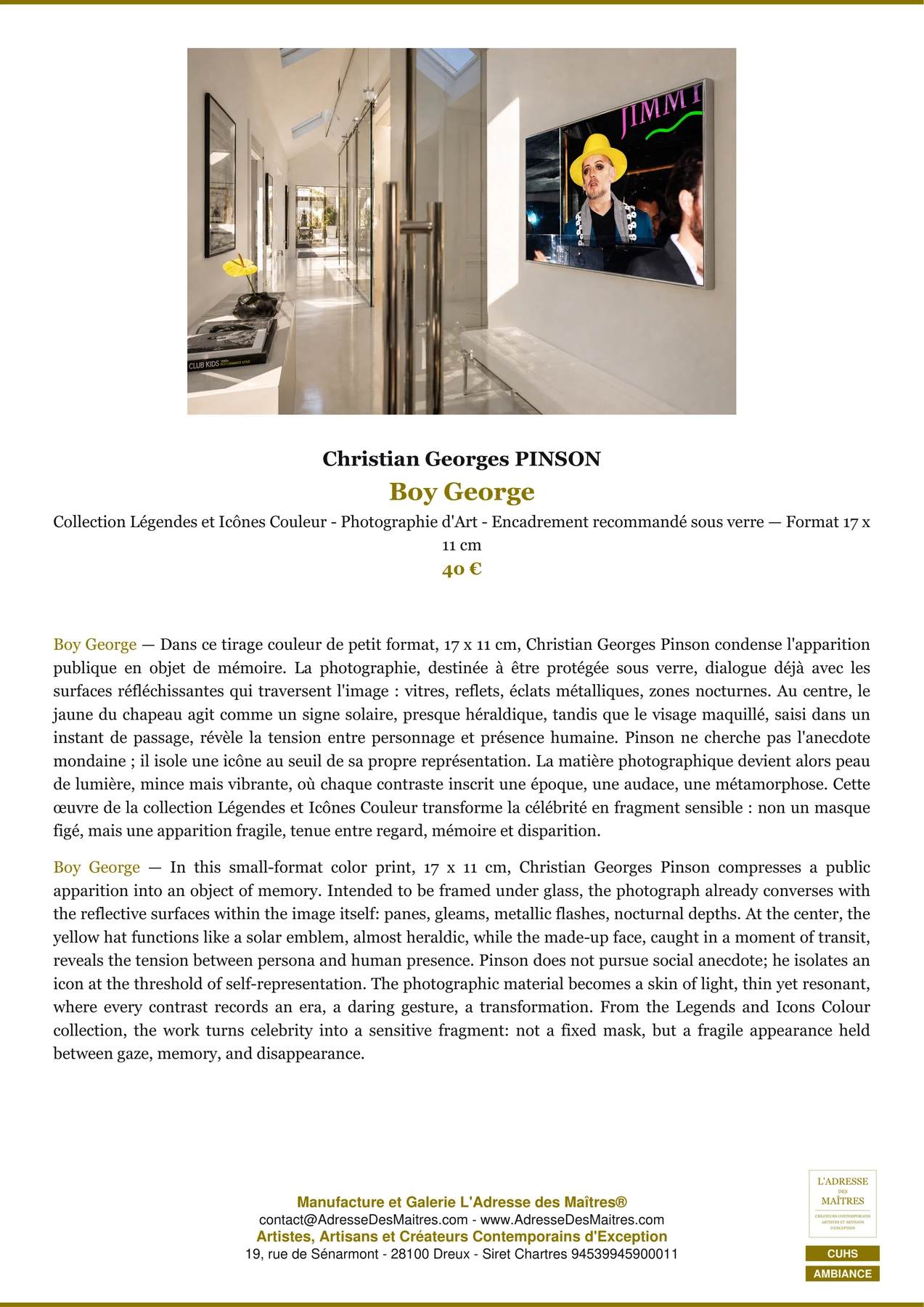 Fiche Premium Ambiance - Boy George - Christian Georges PINSON - L'Adresse des Maîtres®