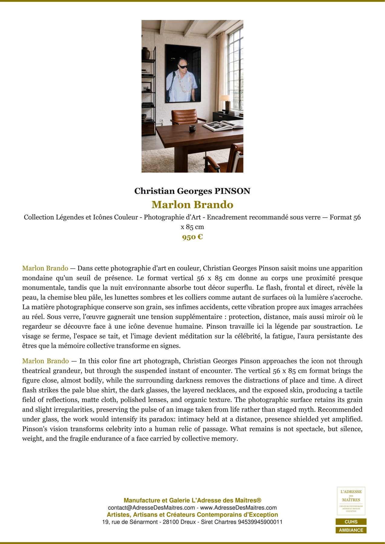 Fiche Premium Ambiance - Marlon Brando - Christian Georges PINSON - L'Adresse des Maîtres®