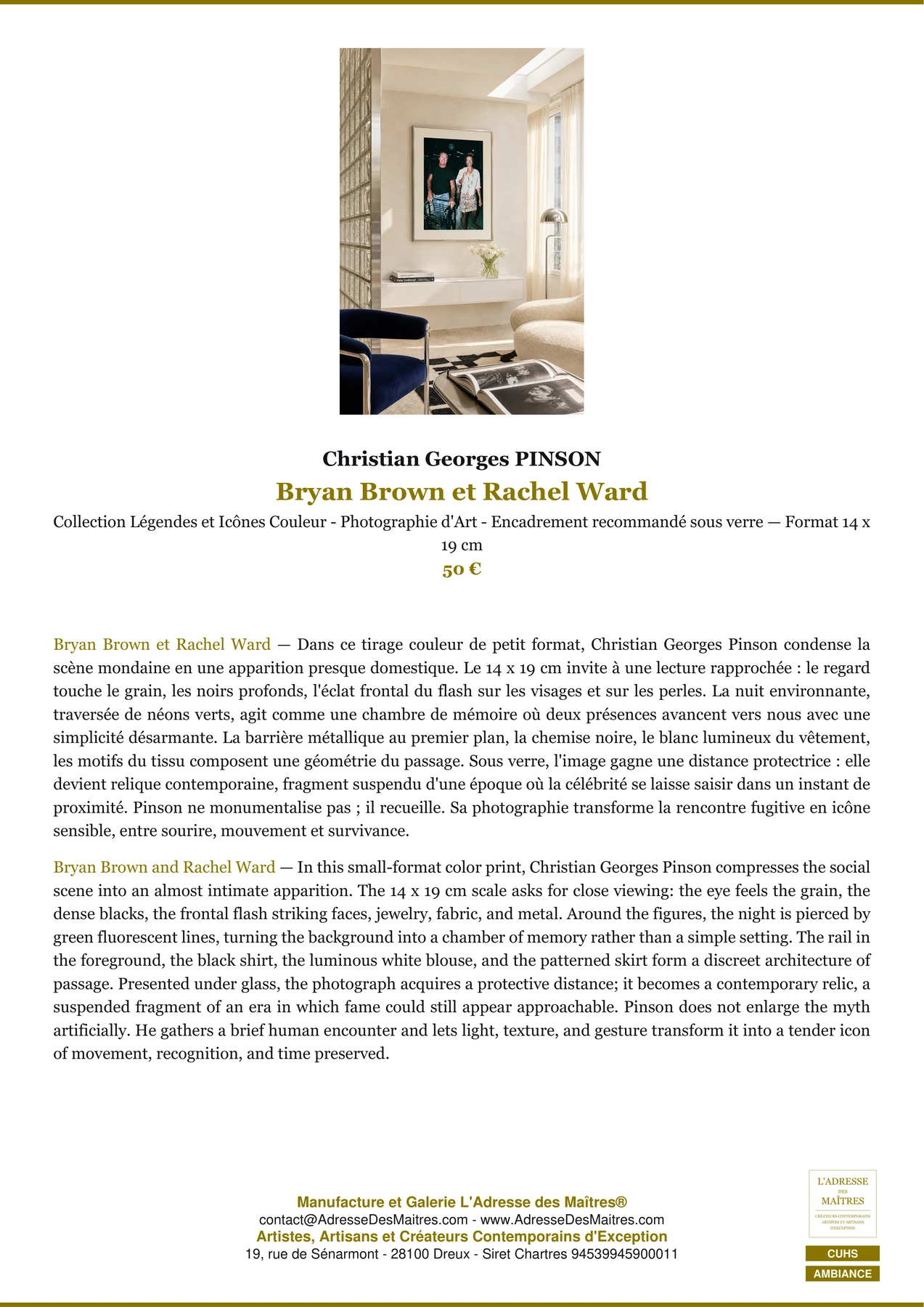 Fiche Premium Ambiance - Bryan Brown et Rachel Ward - Christian Georges PINSON - L'Adresse des Maîtres®