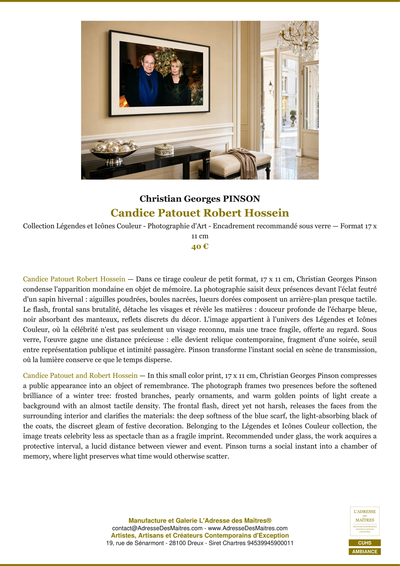 Fiche Premium Ambiance - Candice Patouet Robert Hossein - Christian Georges PINSON - L'Adresse des Maîtres®