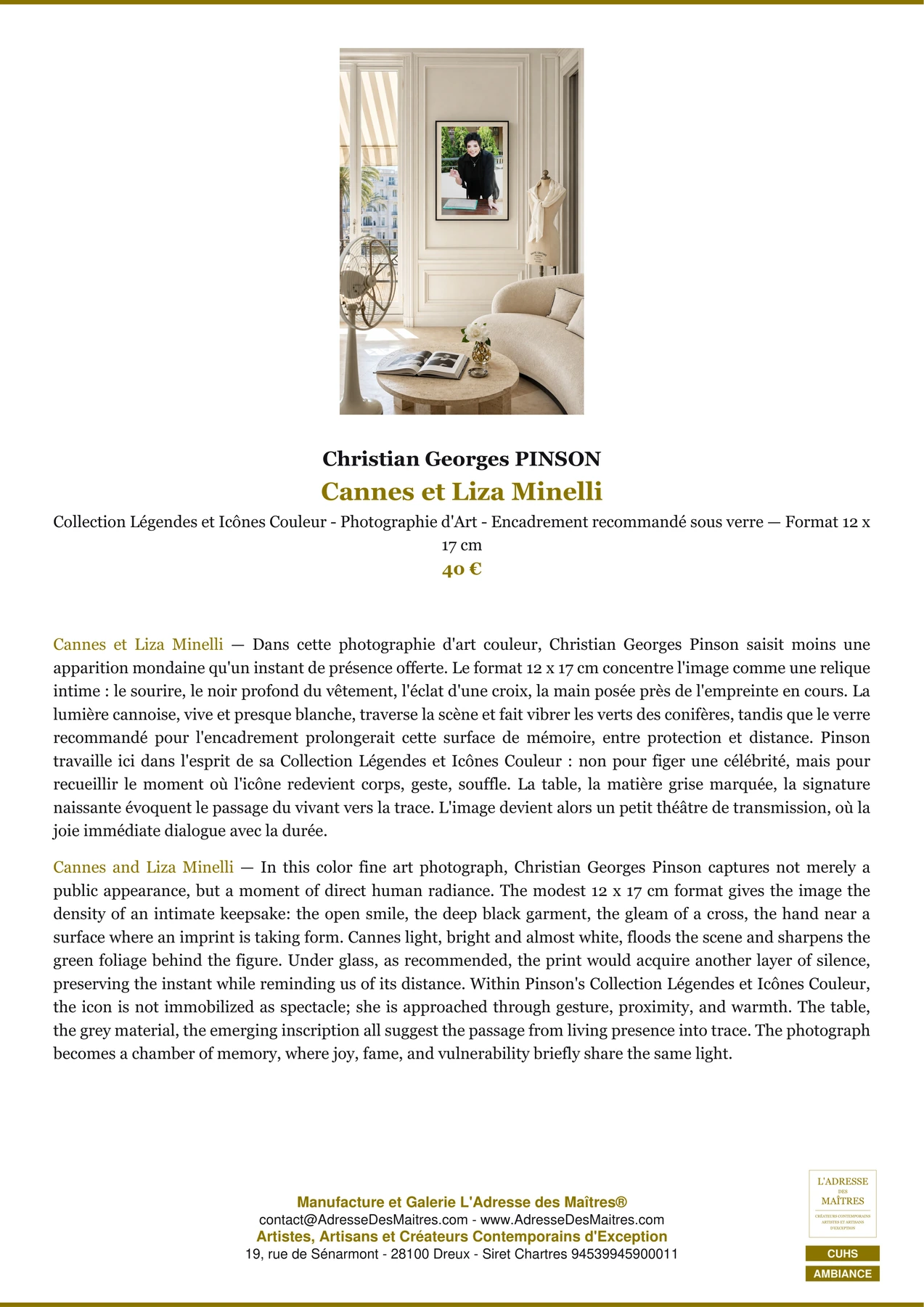Fiche Premium Ambiance - Cannes et Liza Minelli - Christian Georges PINSON - L'Adresse des Maîtres®