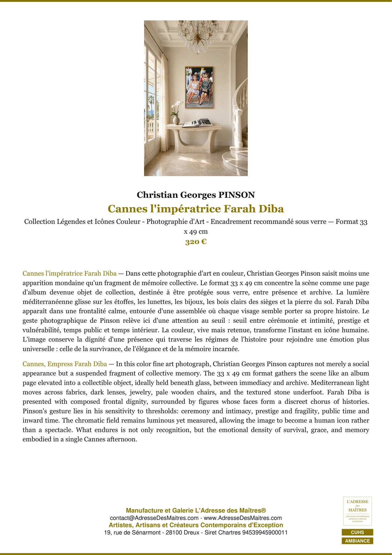 Fiche Premium Ambiance - Cannes l'impératrice Farah Diba - Christian Georges PINSON - L'Adresse des Maîtres®