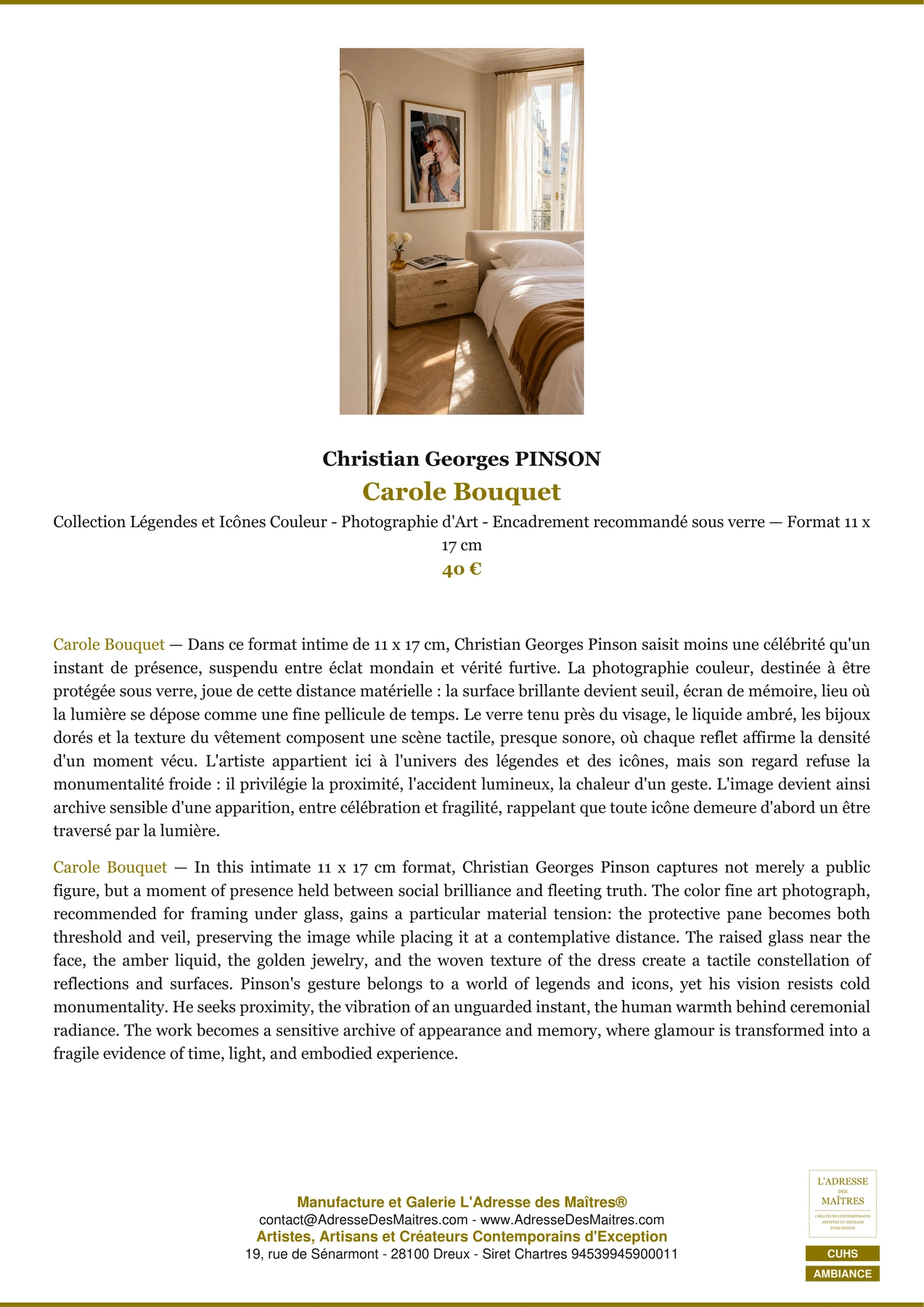 Fiche Premium Ambiance - Carole Bouquet - Christian Georges PINSON - L'Adresse des Maîtres®