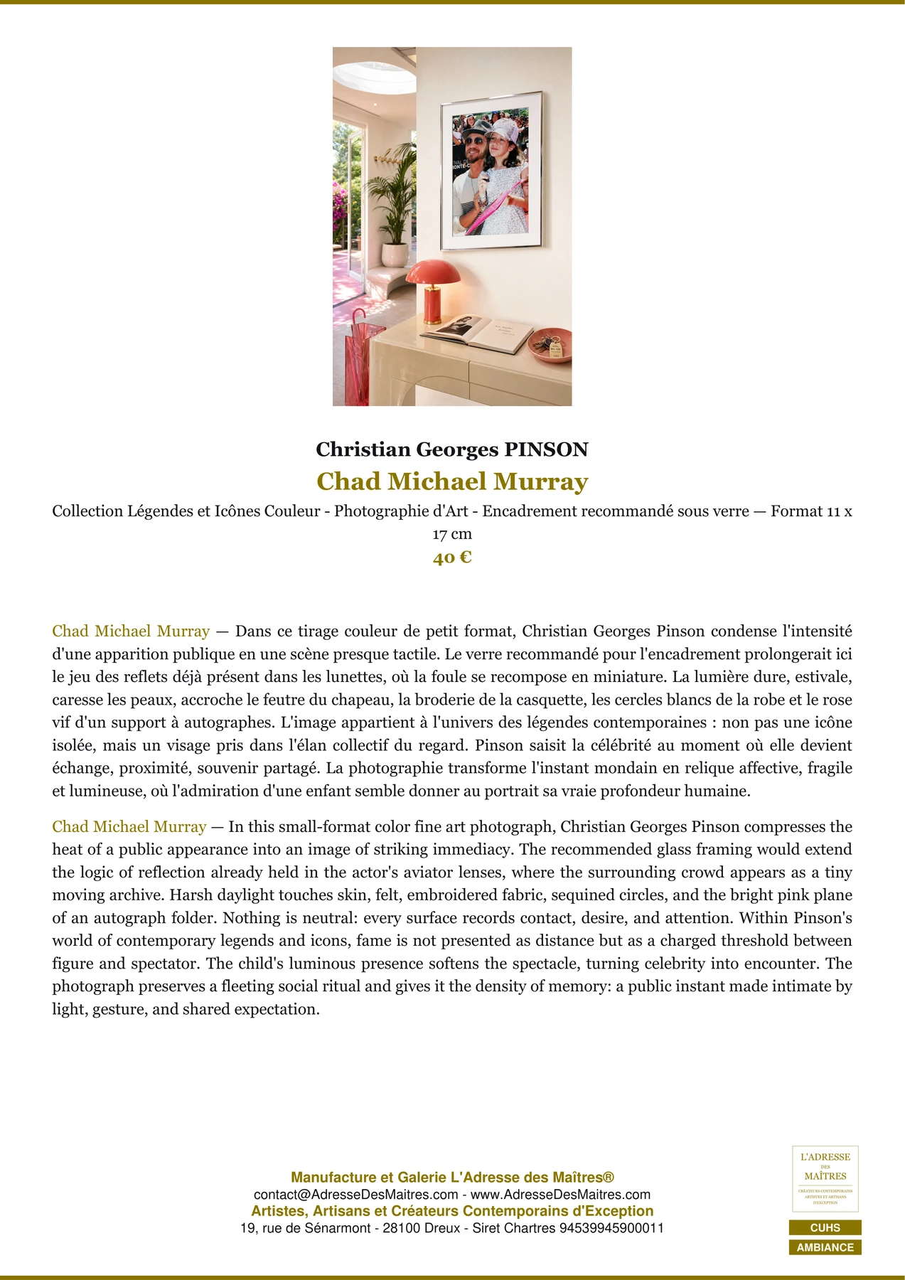 Fiche Premium Ambiance - Chad Michael Murray - Christian Georges PINSON - L'Adresse des Maîtres®