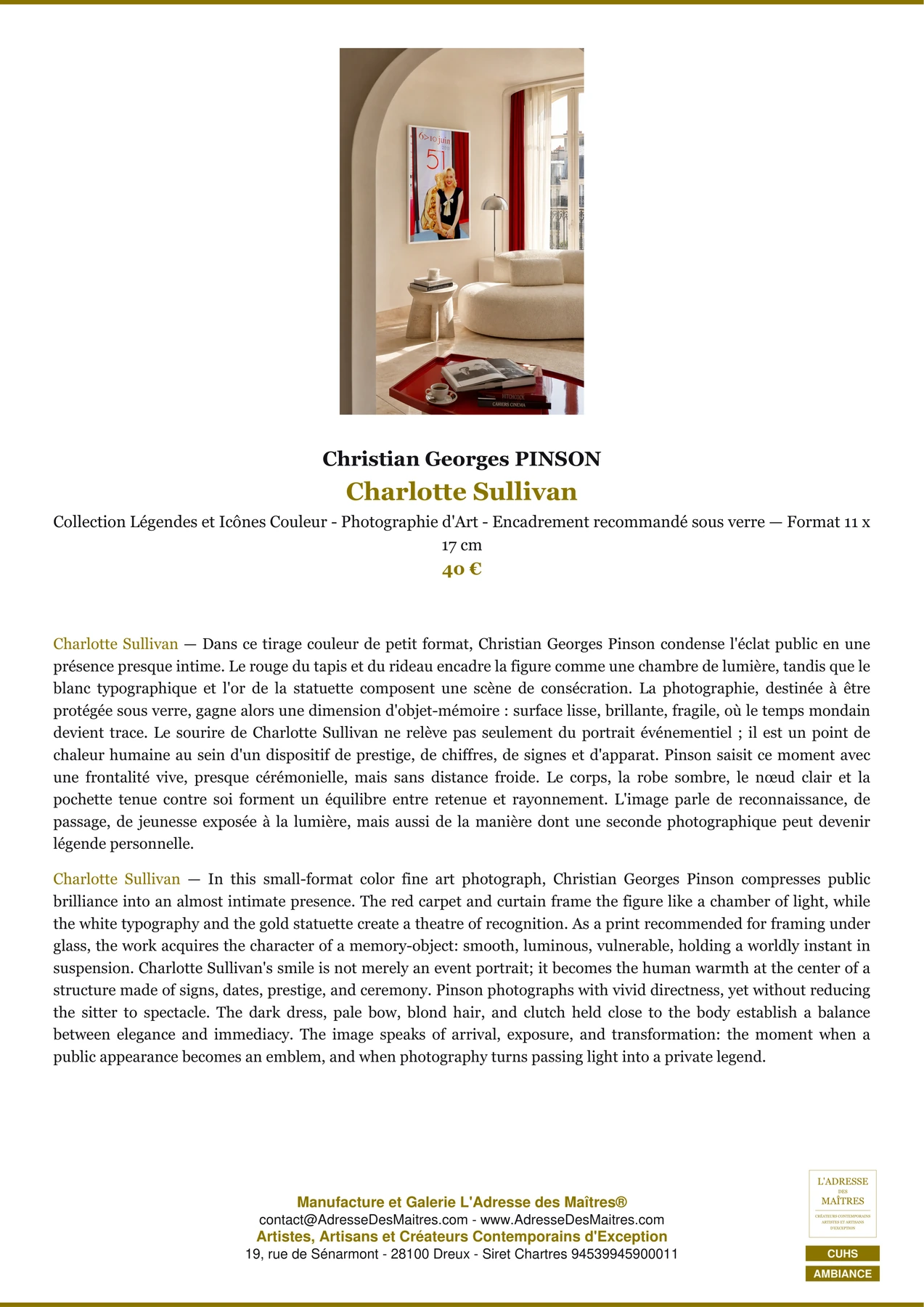 Fiche Premium Ambiance - Charlotte Sullivan - Christian Georges PINSON - L'Adresse des Maîtres®