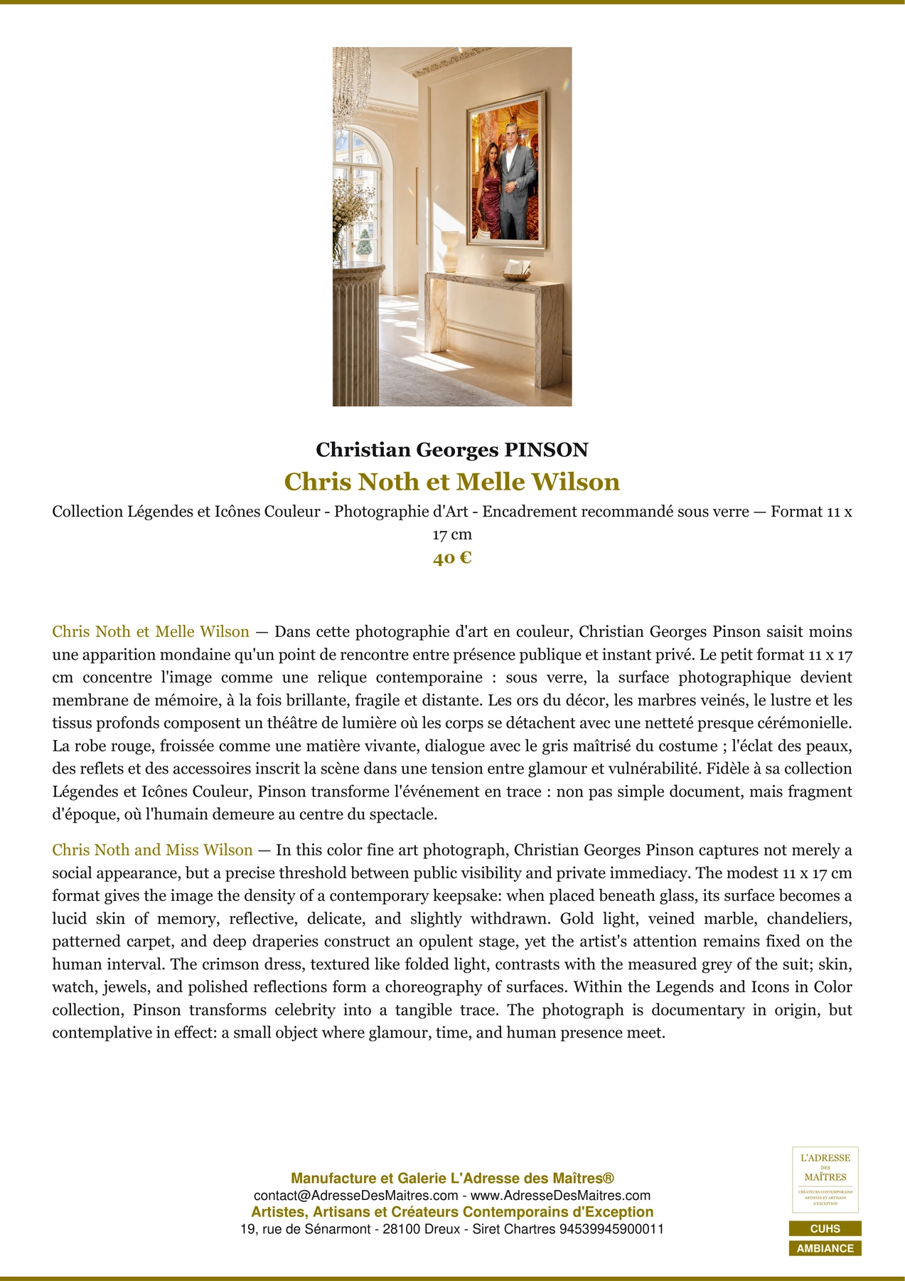 Fiche Premium Ambiance - Chris Noth et Melle Wilson - Christian Georges PINSON - L'Adresse des Maîtres®