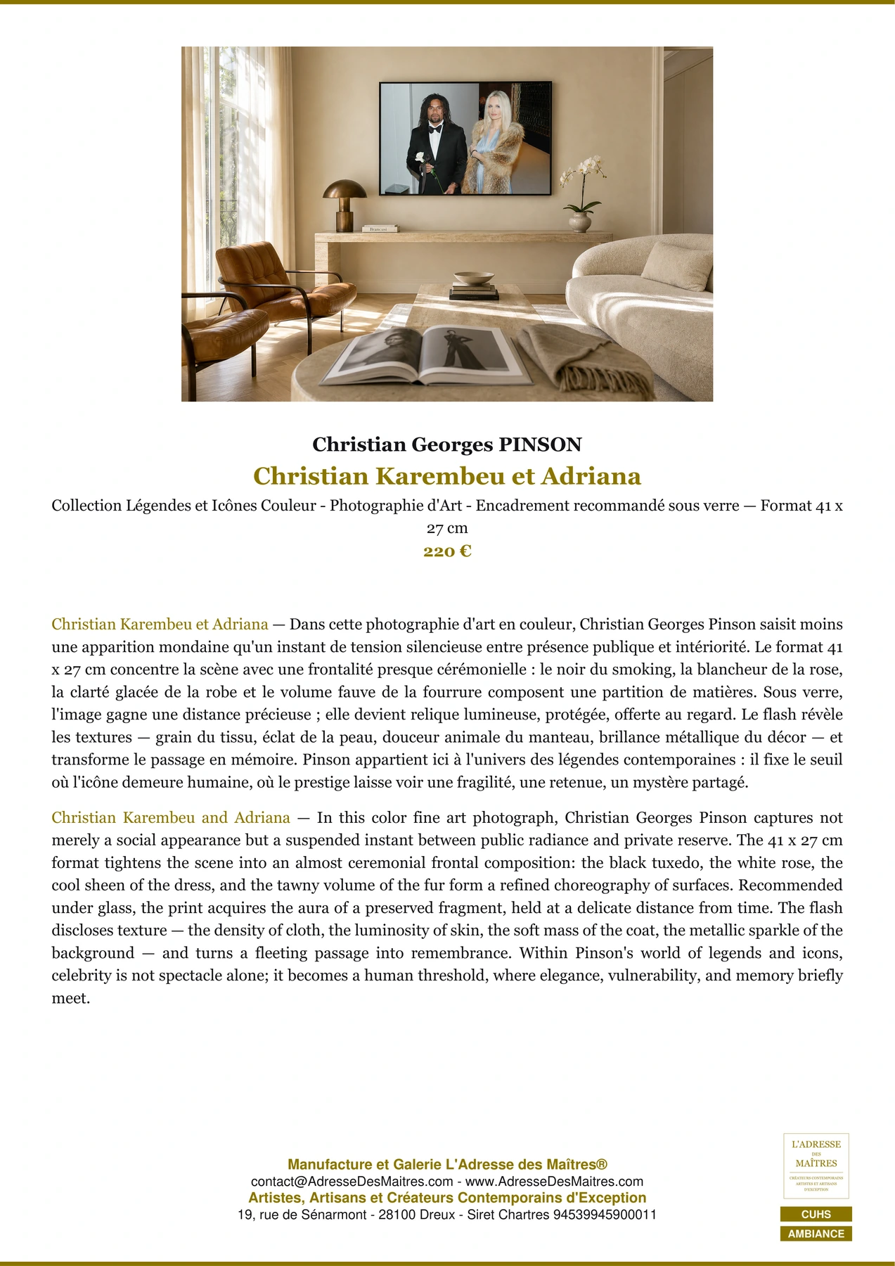 Fiche Premium Ambiance - Christian Karembeu et Adriana - Christian Georges PINSON - L'Adresse des Maîtres®