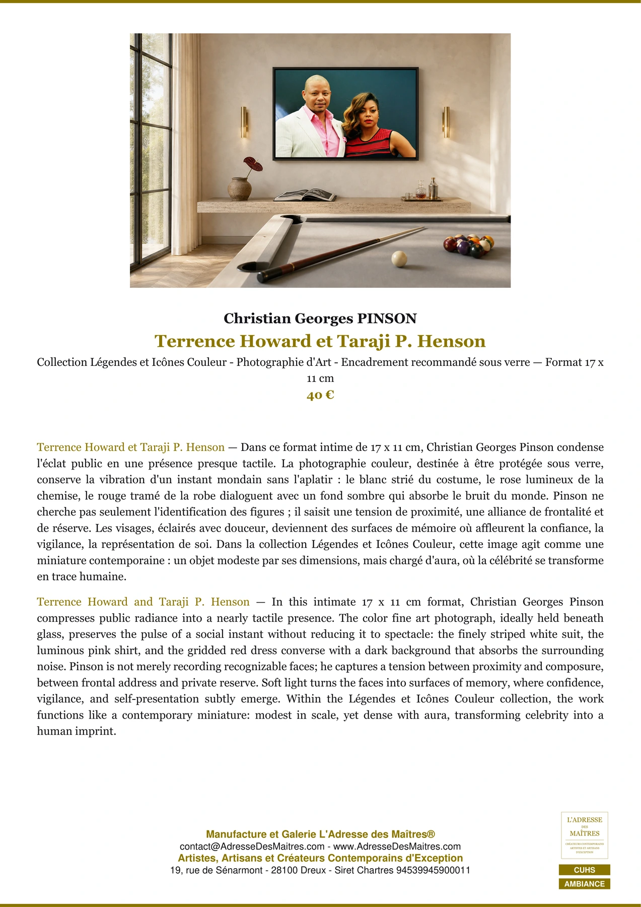 Fiche Premium Ambiance - Terrence Howard et Taraji P. Henson - Christian Georges PINSON - L'Adresse des Maîtres®
