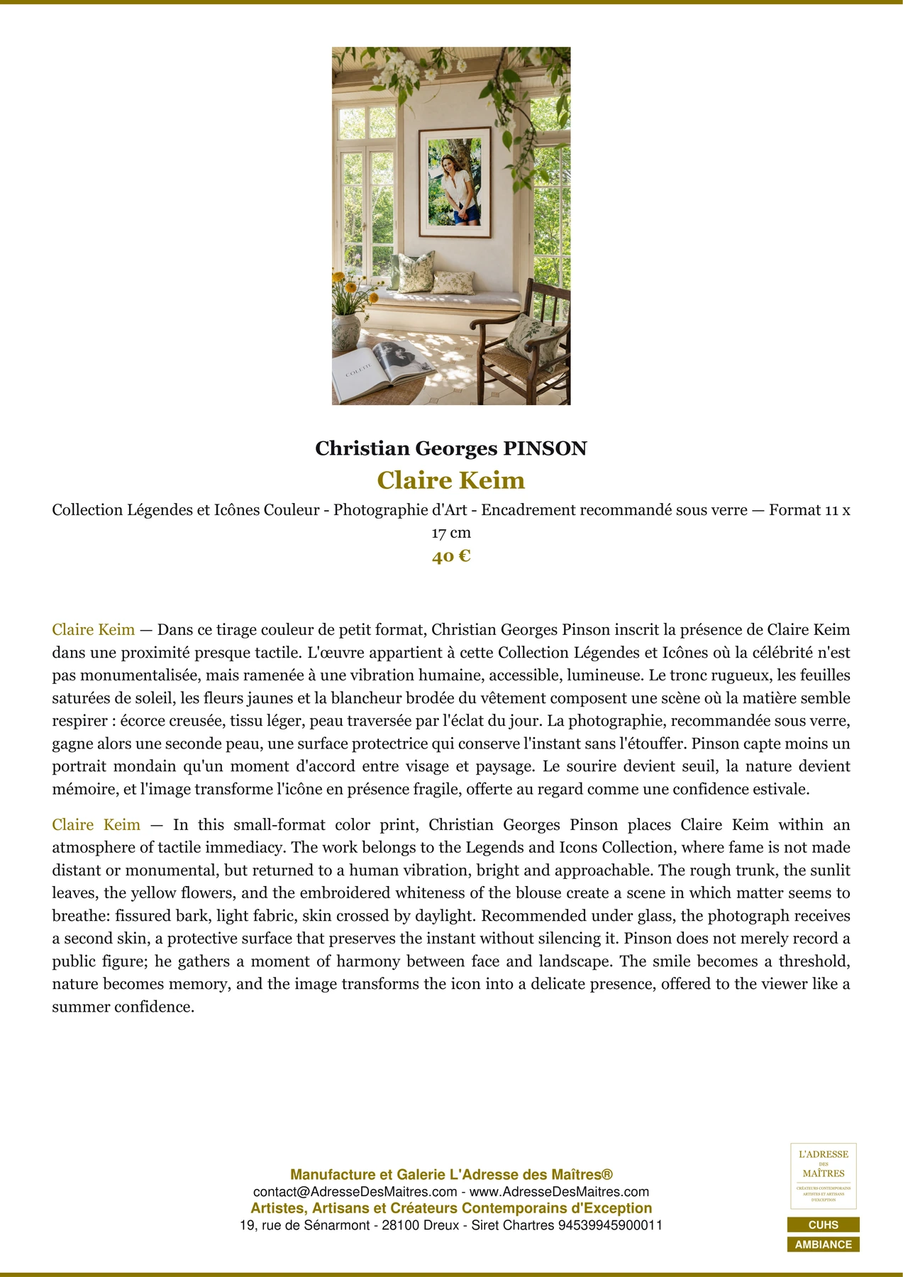 Fiche Premium Ambiance - Claire Keim - Christian Georges PINSON - L'Adresse des Maîtres®