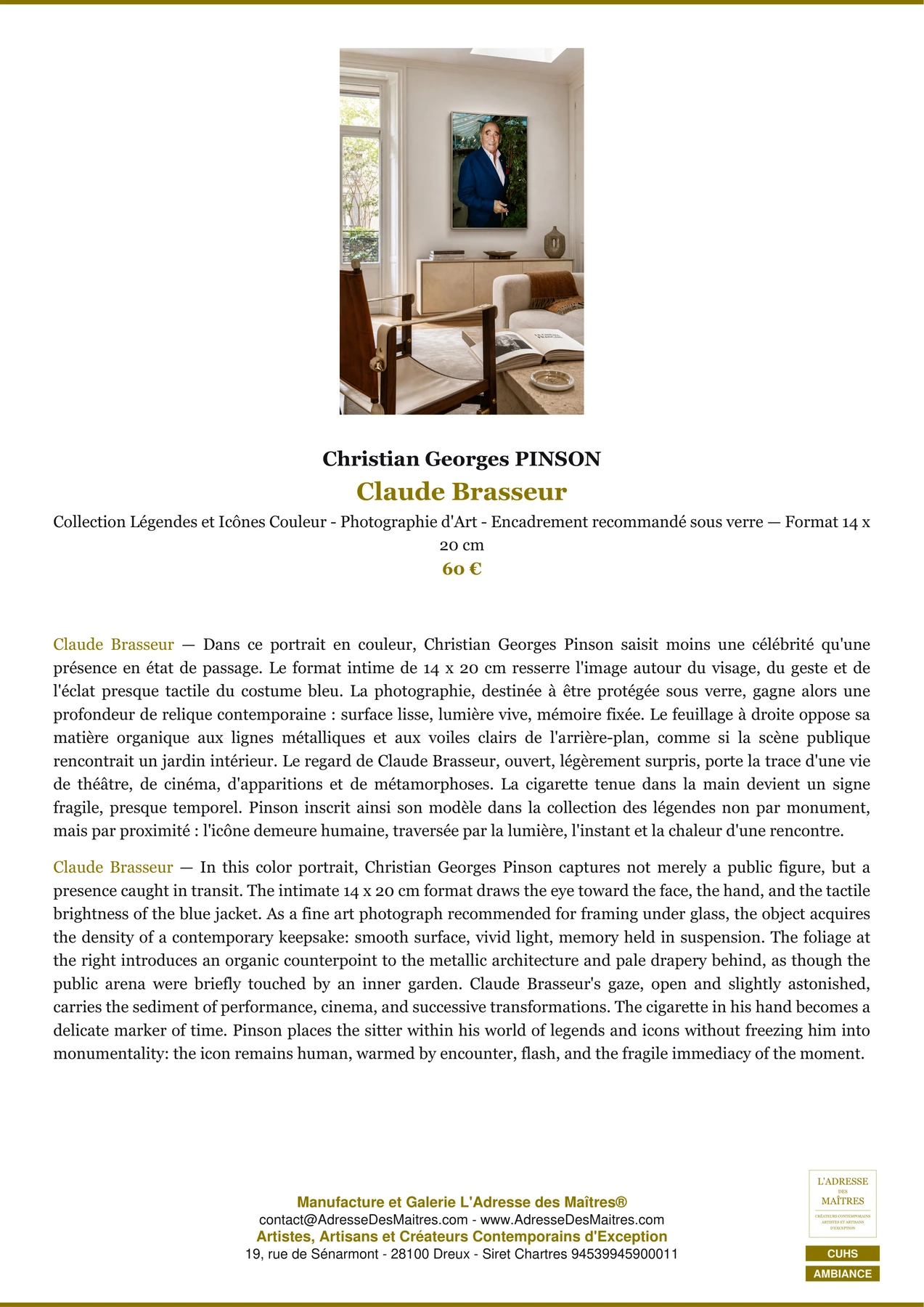 Fiche Premium Ambiance - Claude Brasseur - Christian Georges PINSON - L'Adresse des Maîtres®