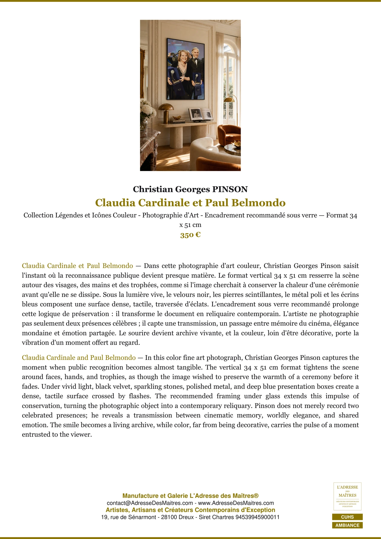 Fiche Premium Ambiance - Claudia Cardinale et Paul Belmondo - Christian Georges PINSON - L'Adresse des Maîtres®