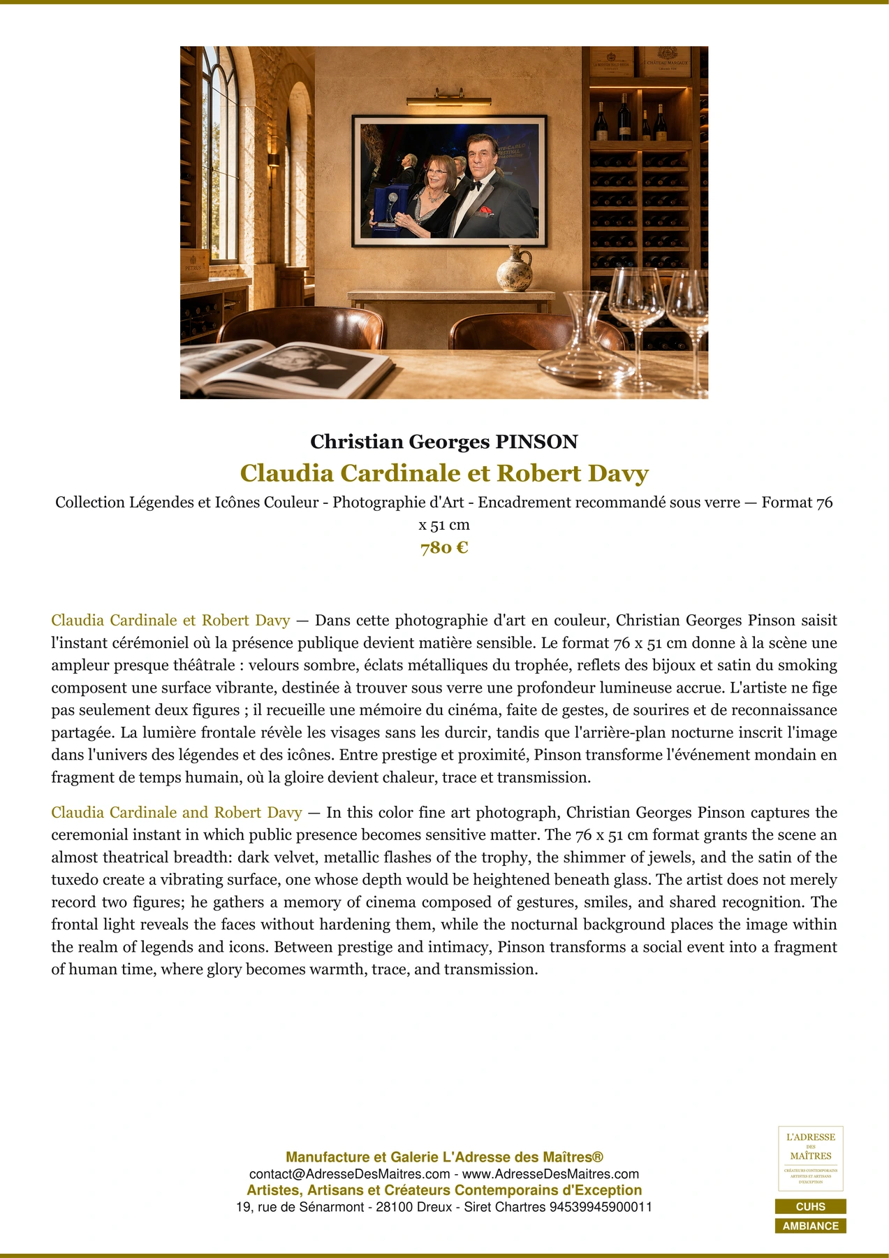 Fiche Premium Ambiance - Claudia Cardinale et Robert Davy - Christian Georges PINSON - L'Adresse des Maîtres®