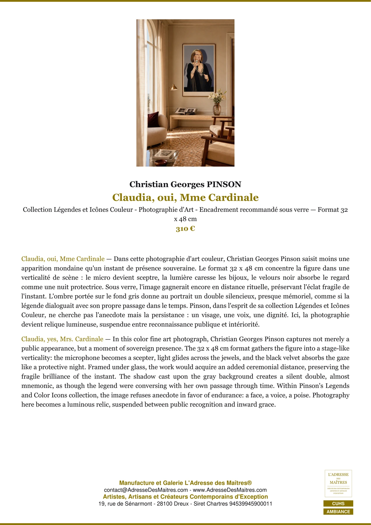 Fiche Premium Ambiance - Claudia, oui, Mme Cardinale - Christian Georges PINSON - L'Adresse des Maîtres®