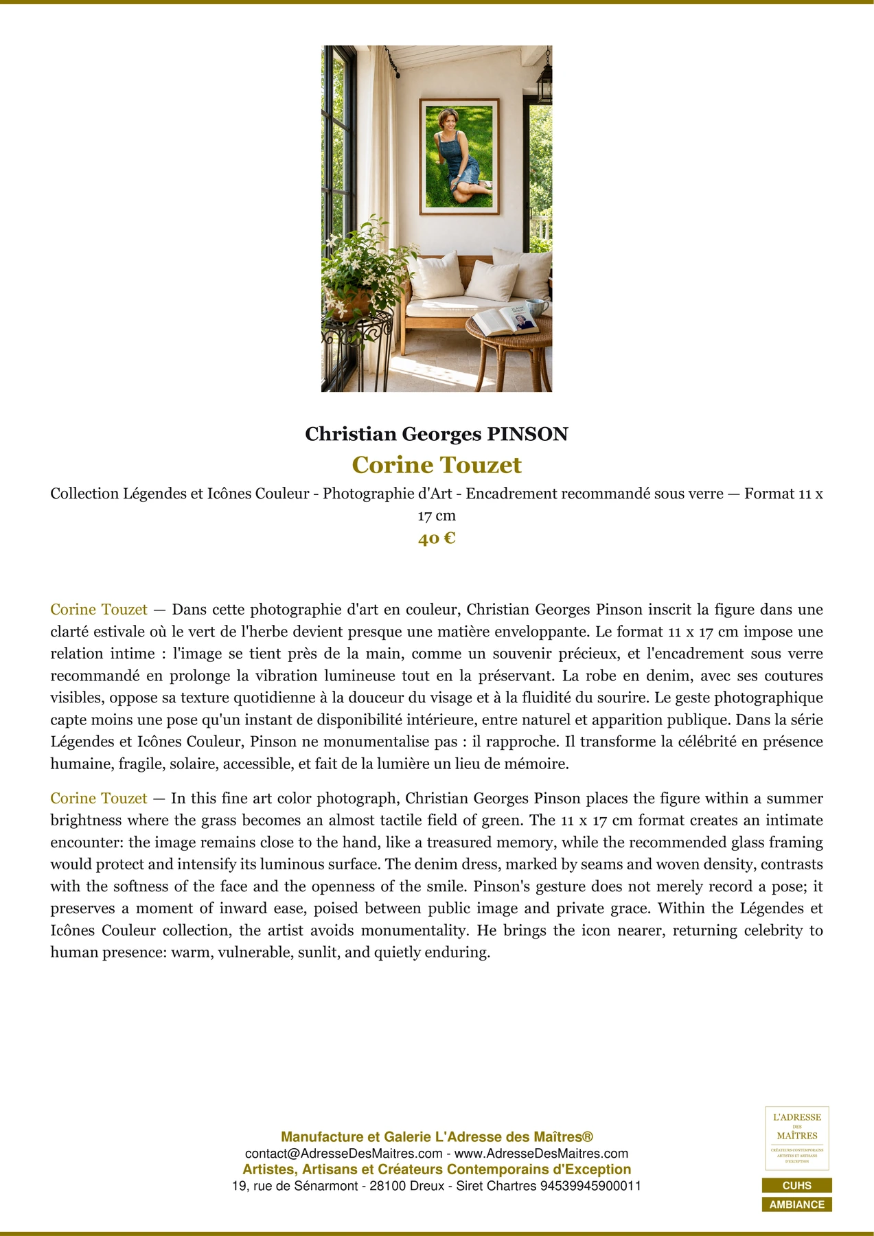 Fiche Premium Ambiance - Corine Touzet - Christian Georges PINSON - L'Adresse des Maîtres®