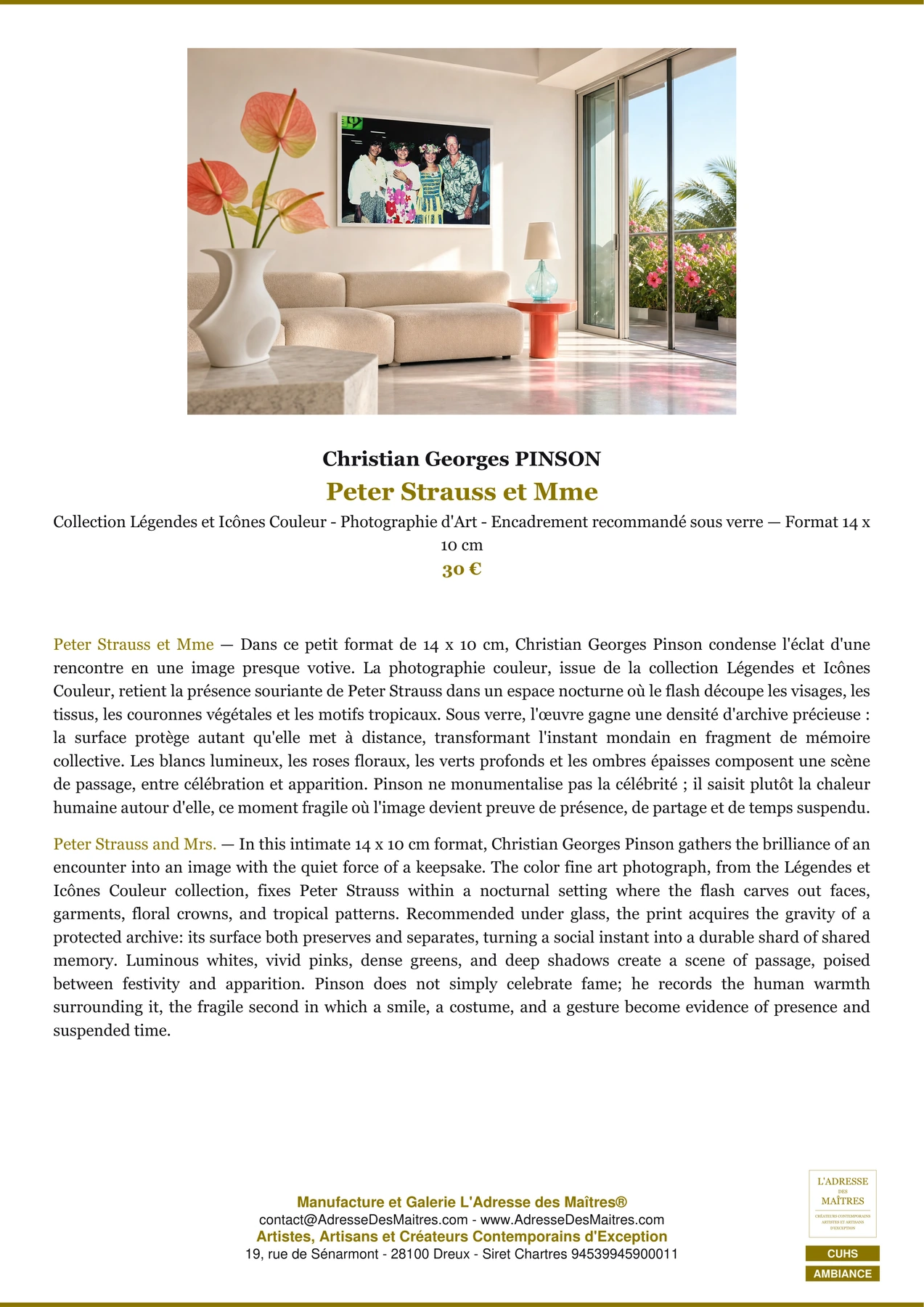 Fiche Premium Ambiance - Peter Strauss et Mme - Christian Georges PINSON - L'Adresse des Maîtres®