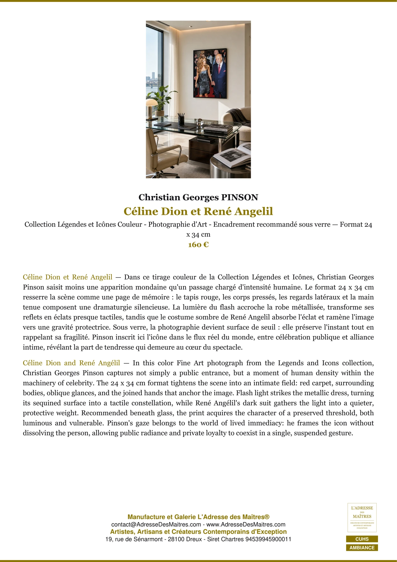 Fiche Premium Ambiance - Céline Dion et René Angelil - Christian Georges PINSON - L'Adresse des Maîtres®