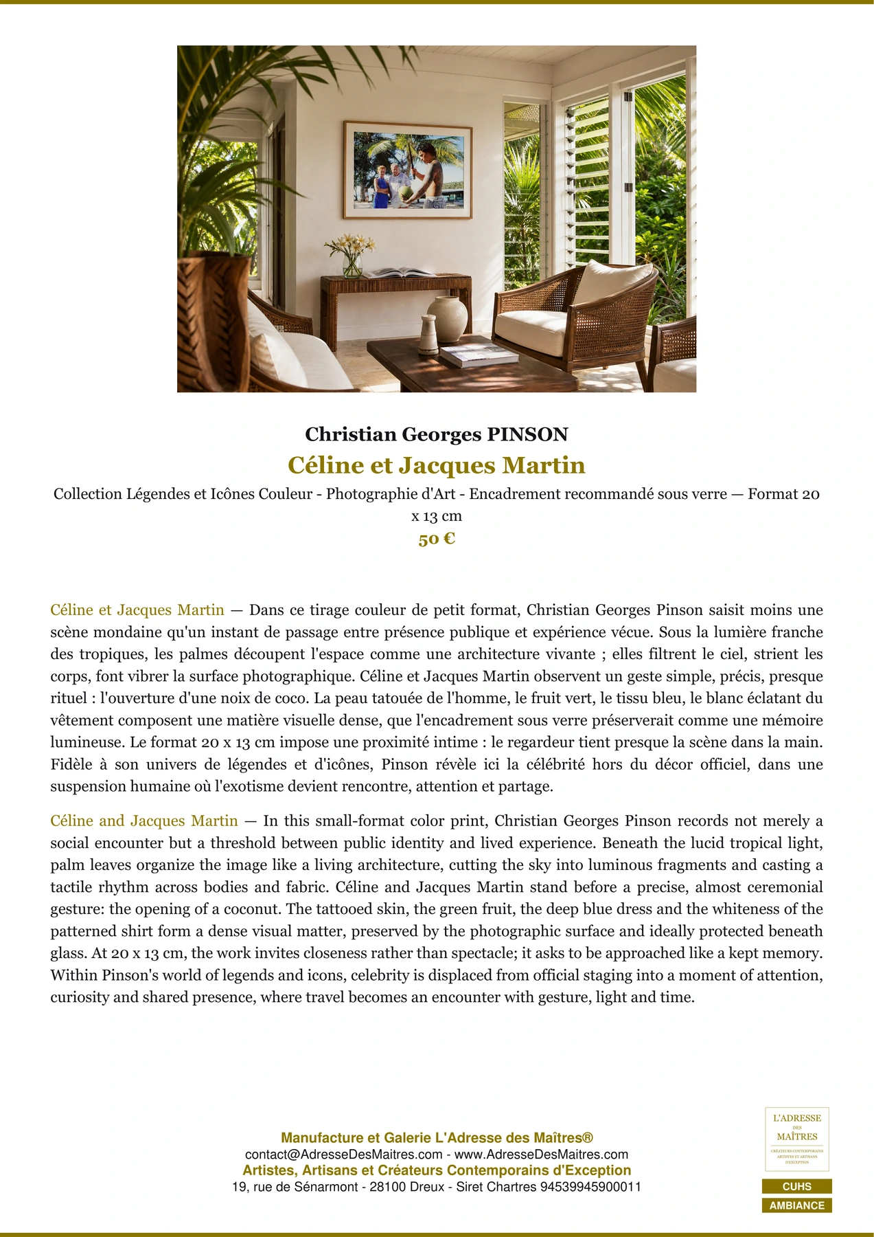 Fiche Premium Ambiance - Céline et Jacques Martin - Christian Georges PINSON - L'Adresse des Maîtres®