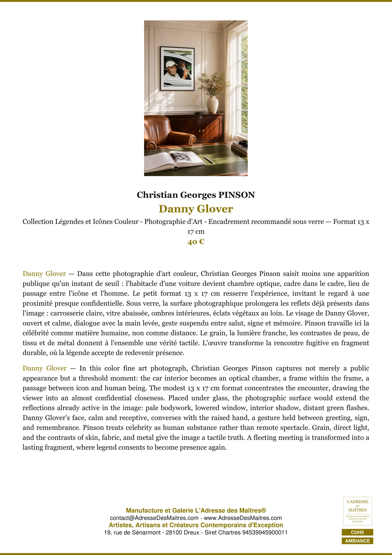 Fiche Premium Ambiance - Danny Glover - Christian Georges PINSON - L'Adresse des Maîtres®