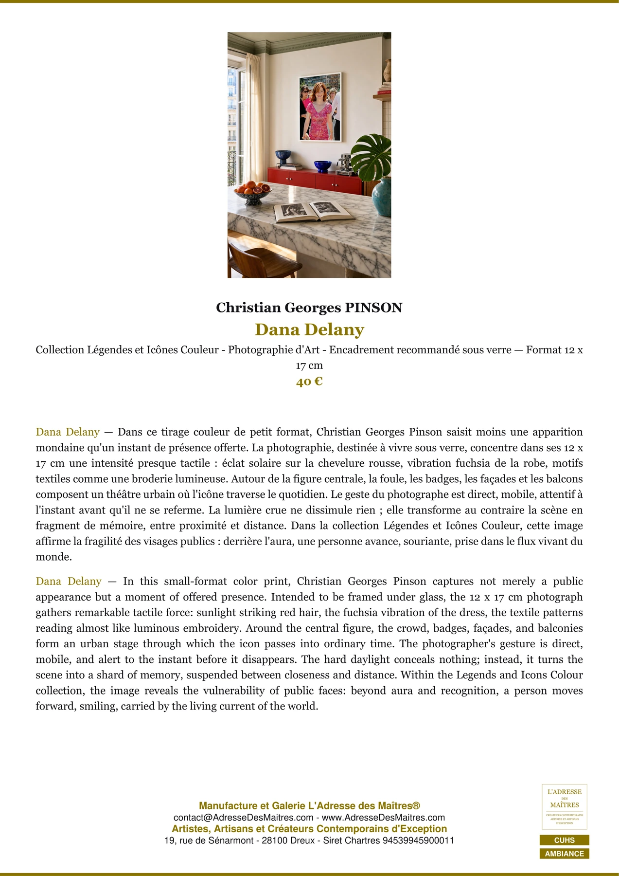 Fiche Premium Ambiance - Dana Delany - Christian Georges PINSON - L'Adresse des Maîtres®