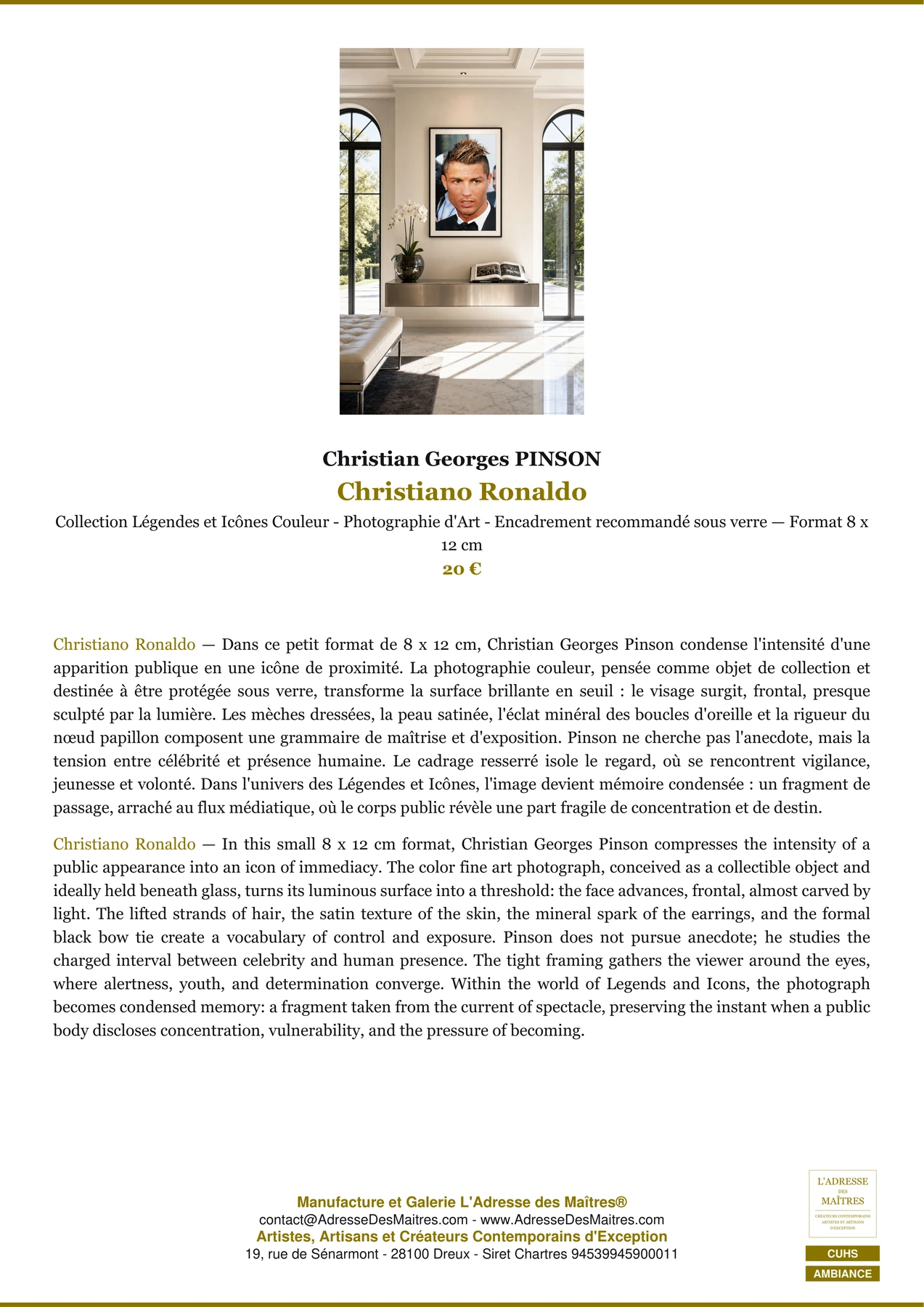 Fiche Premium Ambiance - Christiano Ronaldo - Christian Georges PINSON - L'Adresse des Maîtres®