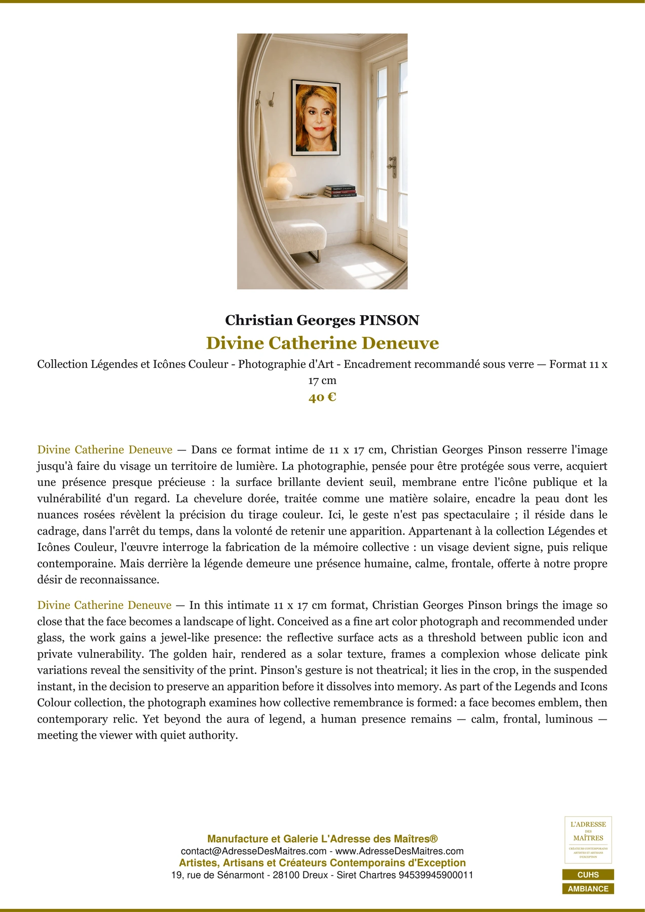 Fiche Premium Ambiance - Divine Catherine Deneuve - Christian Georges PINSON - L'Adresse des Maîtres®