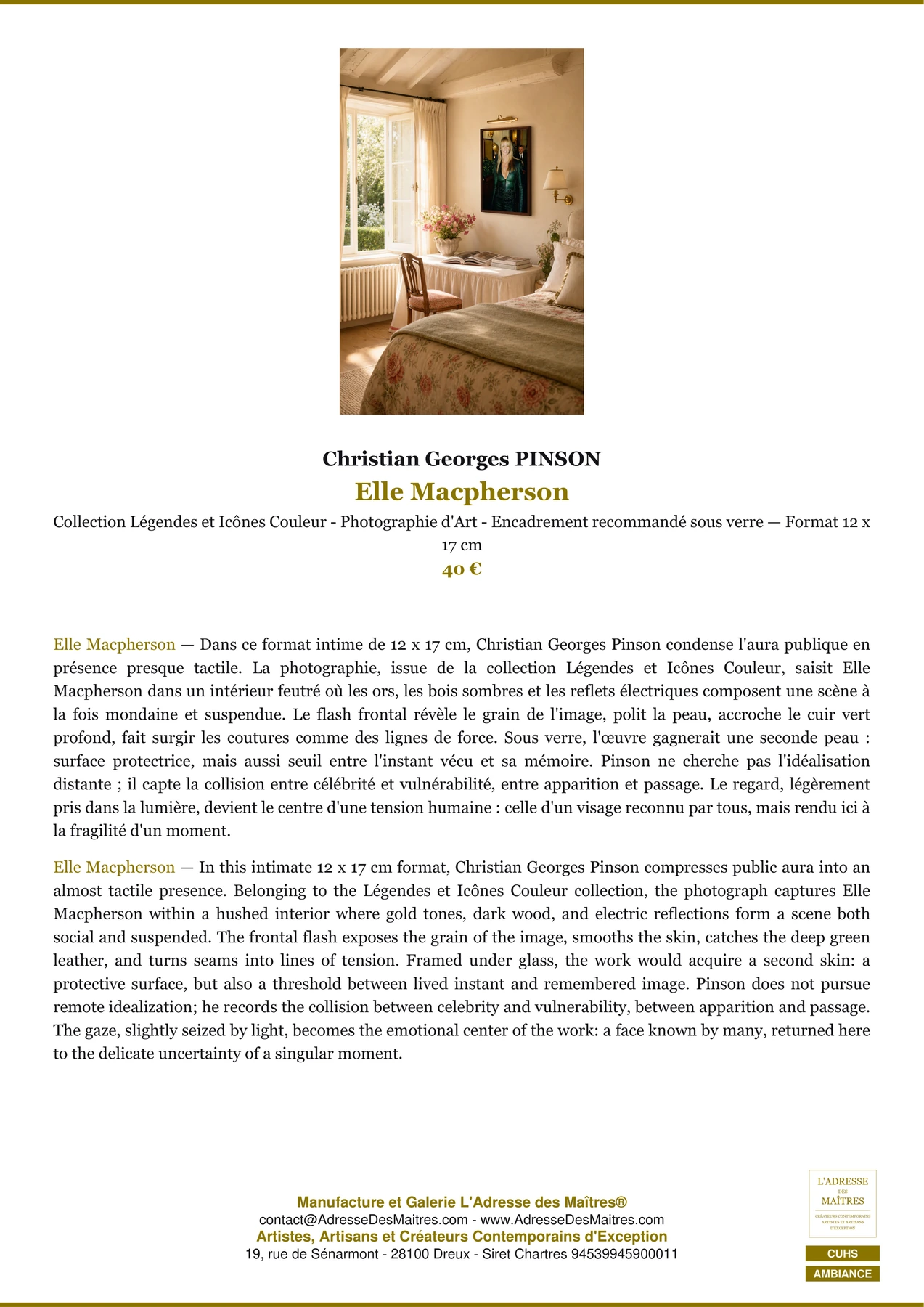 Fiche Premium Ambiance - Elle Macpherson - Christian Georges PINSON - L'Adresse des Maîtres®