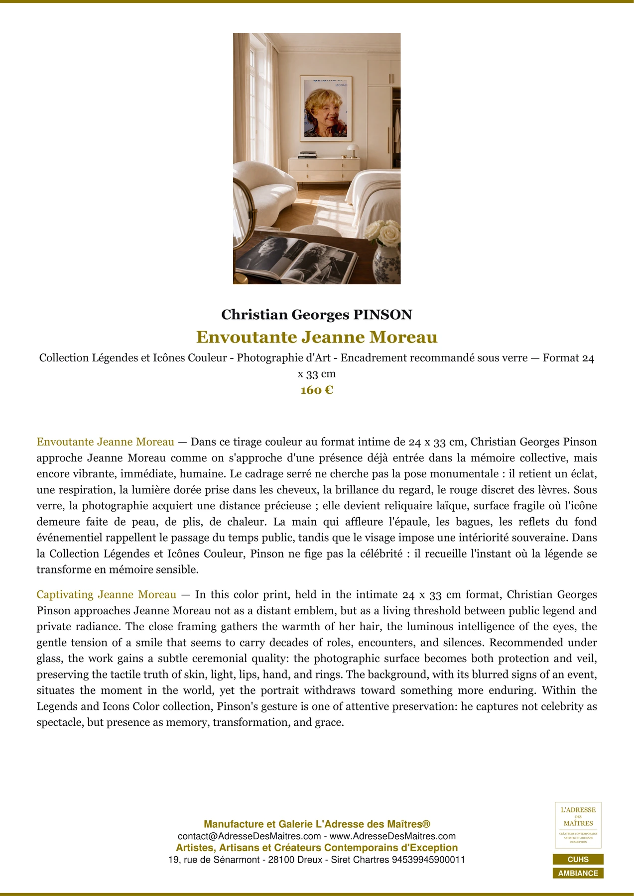 Fiche Premium Ambiance - Envoutante Jeanne Moreau - Christian Georges PINSON - L'Adresse des Maîtres®