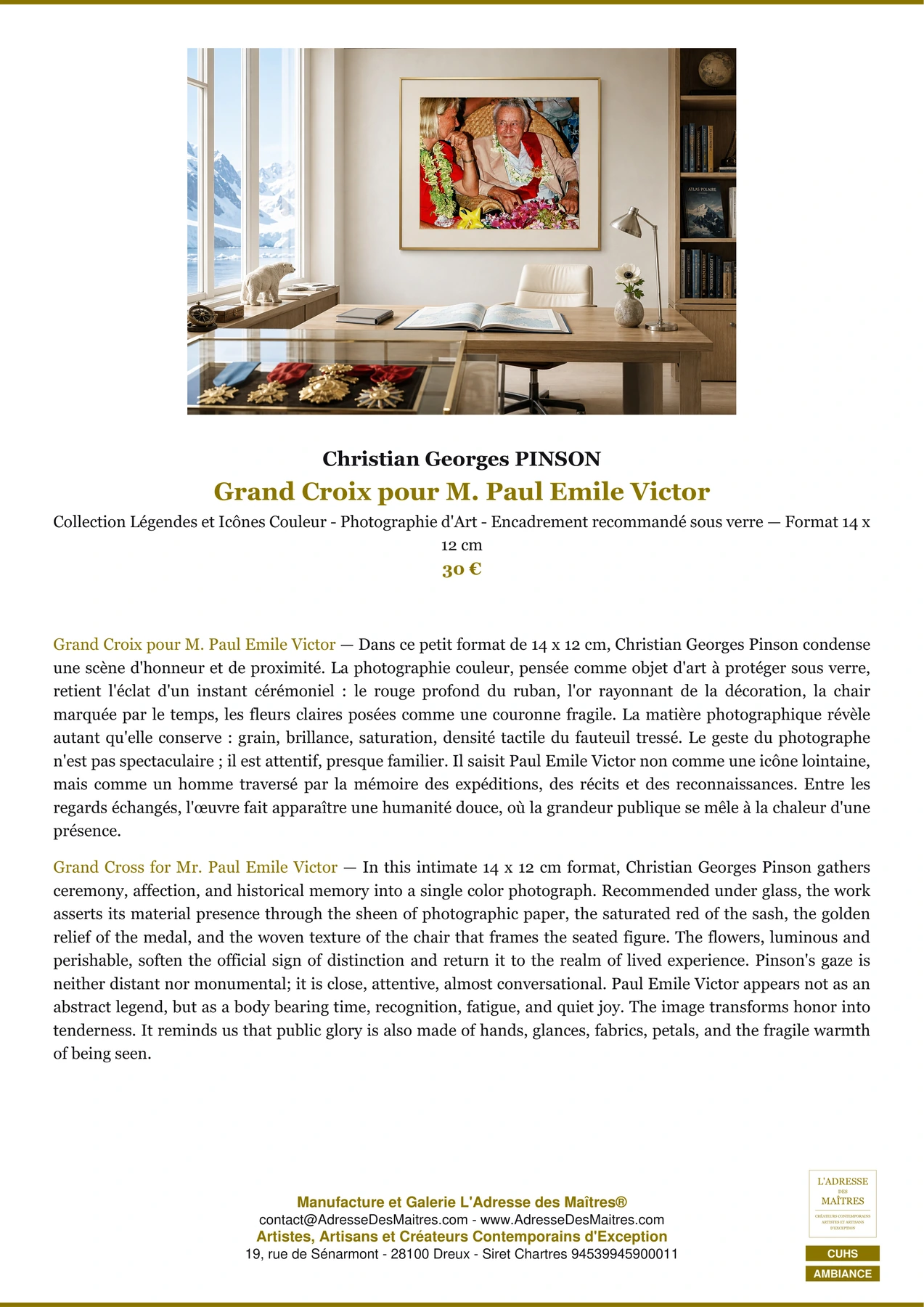 Fiche Premium Ambiance - Grand Croix pour M. Paul Emile Victor - Christian Georges PINSON - L'Adresse des Maîtres®