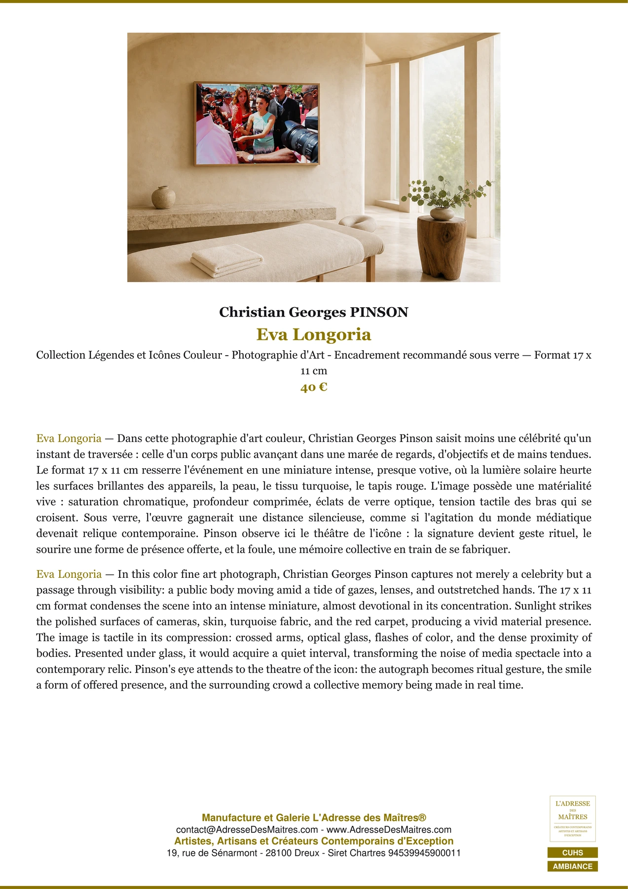 Fiche Premium Ambiance - Eva Longoria - Christian Georges PINSON - L'Adresse des Maîtres®