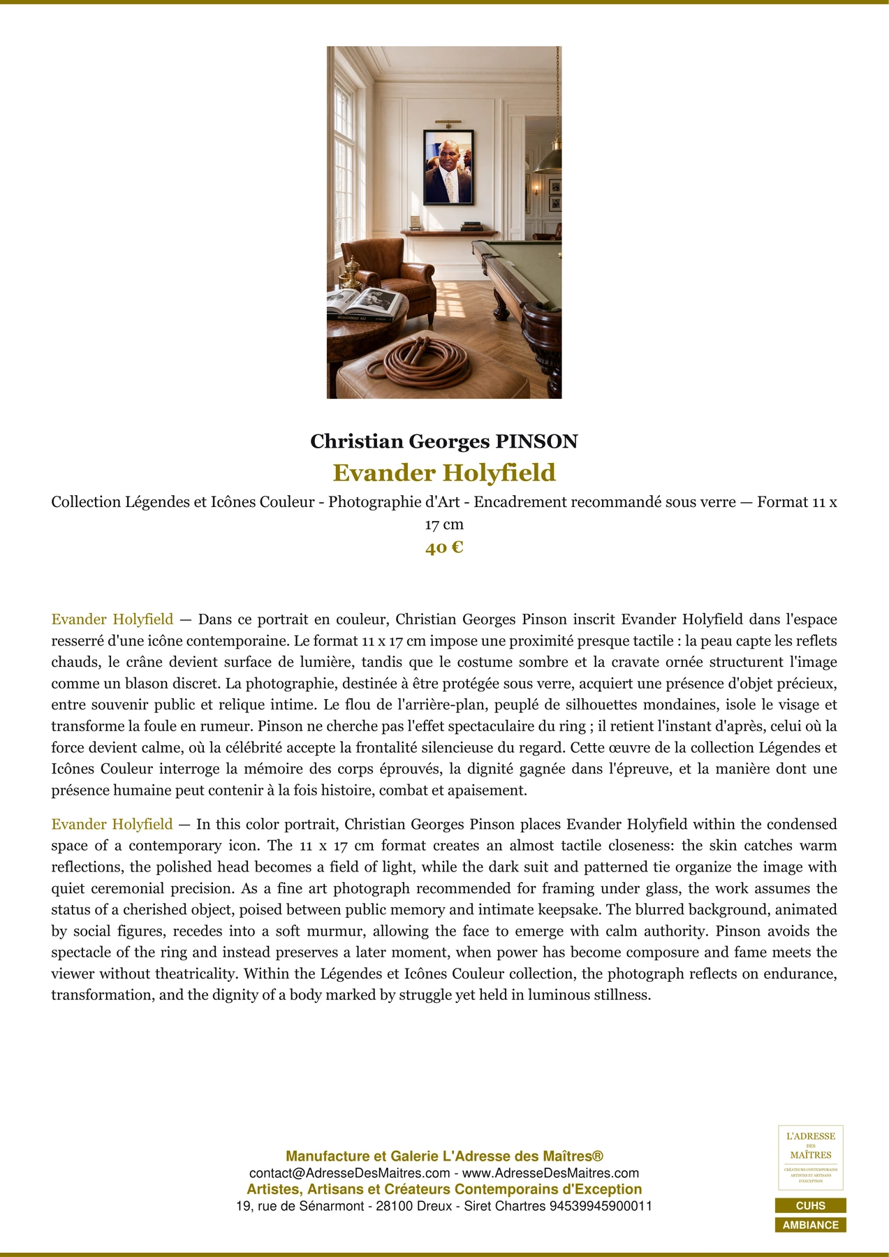 Fiche Premium Ambiance - Evander Holyfield - Christian Georges PINSON - L'Adresse des Maîtres®