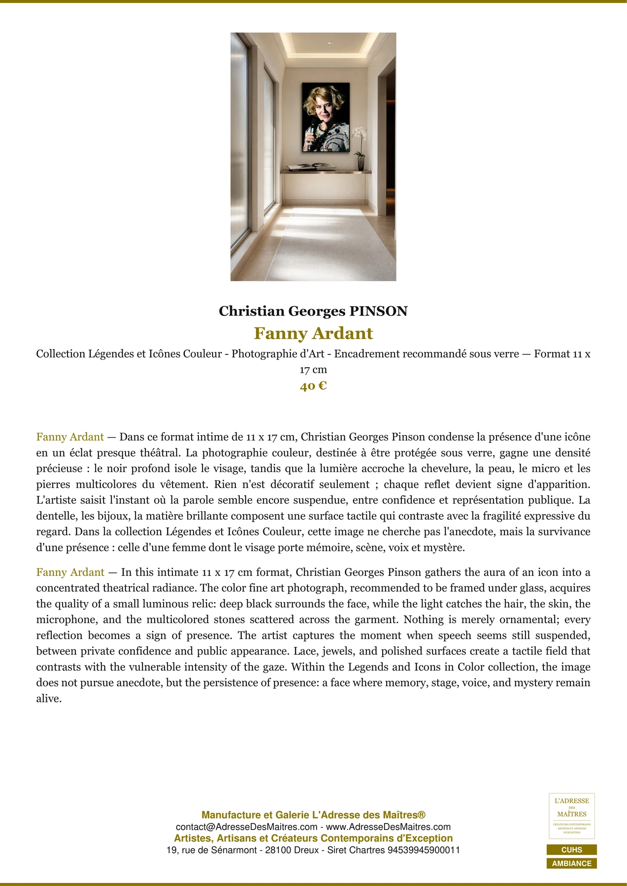 Fiche Premium Ambiance - Fanny Ardant - Christian Georges PINSON - L'Adresse des Maîtres®