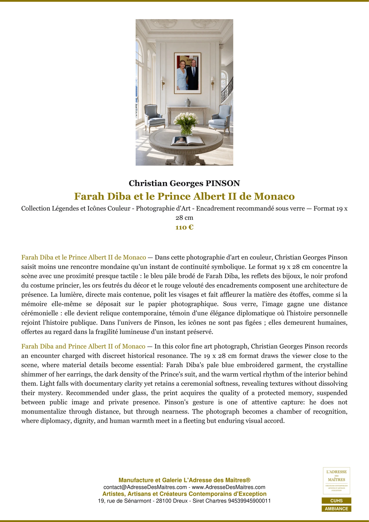 Fiche Premium Ambiance - Farah Diba et le Prince Albert II de Monaco - Christian Georges PINSON - L'Adresse des Maîtres®