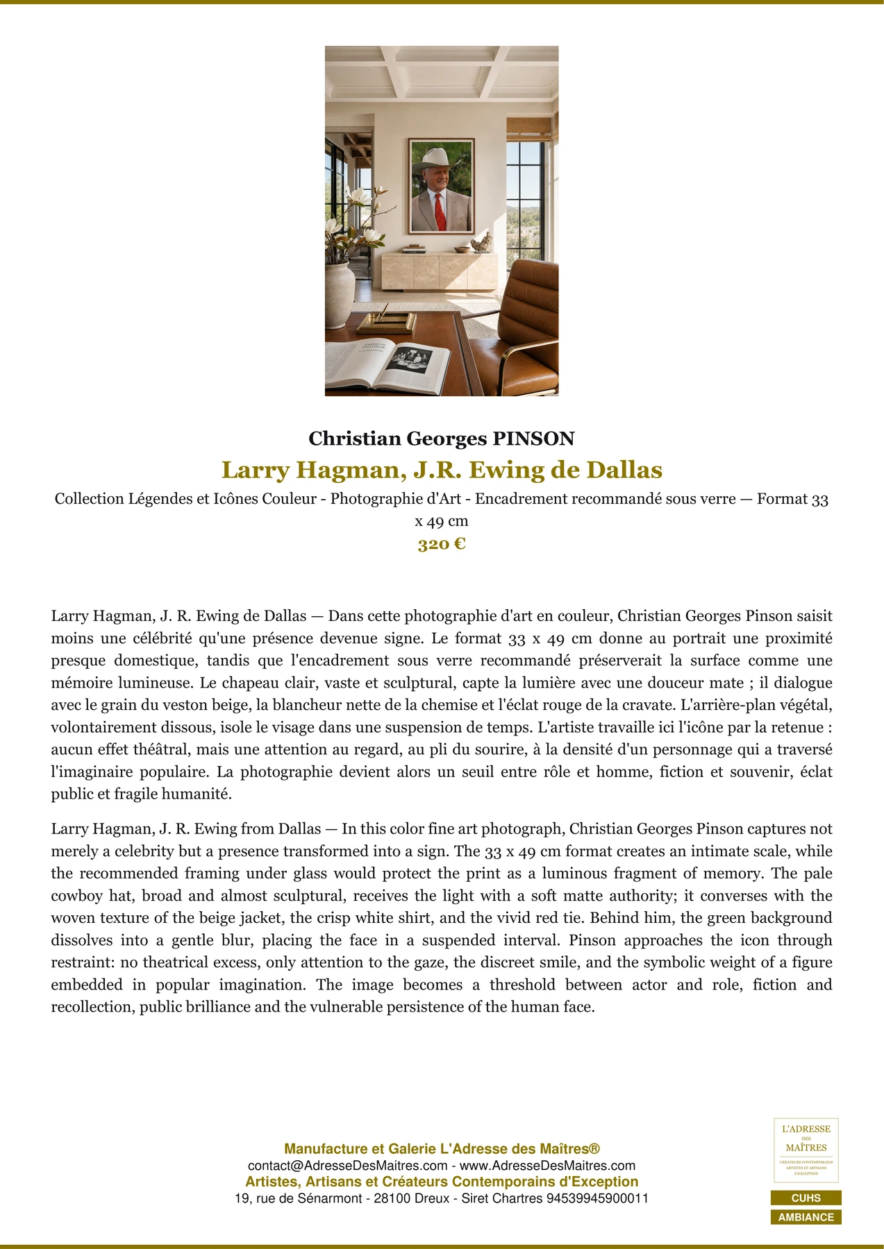 Fiche Premium Ambiance - Larry Hagman, J.R. Ewing de Dallas - Christian Georges PINSON - L'Adresse des Maîtres®