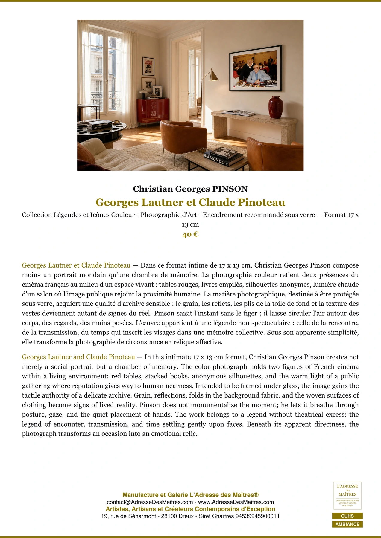Fiche Premium Ambiance - Georges Lautner et Claude Pinoteau - Christian Georges PINSON - L'Adresse des Maîtres®