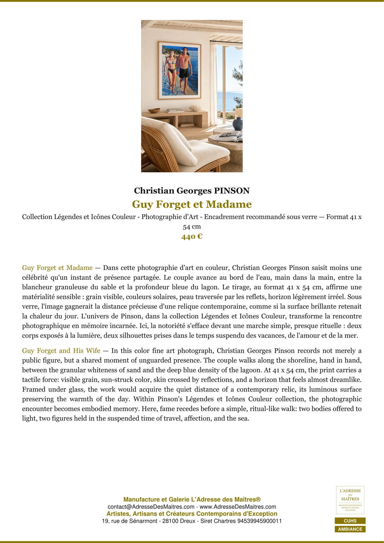 Fiche Premium Ambiance - Guy Forget et Madame - Christian Georges PINSON - L'Adresse des Maîtres®