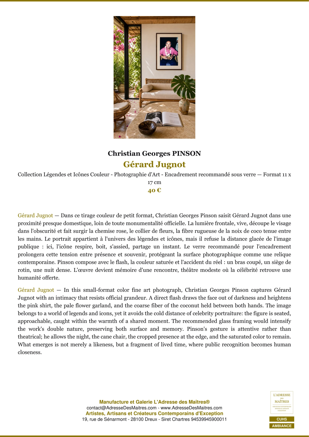 Fiche Premium Ambiance - Gérard Jugnot - Christian Georges PINSON - L'Adresse des Maîtres®