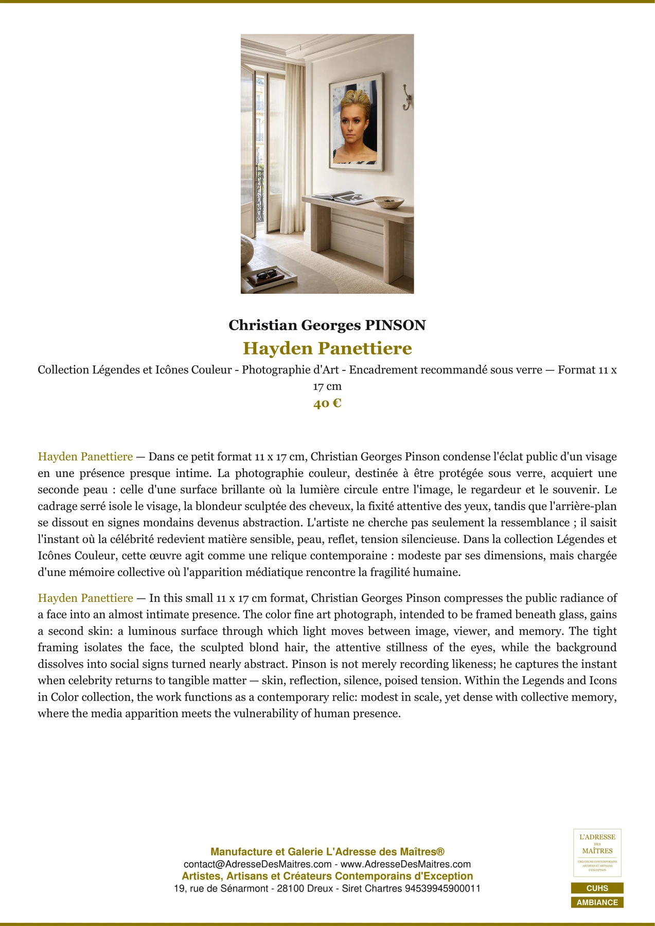 Fiche Premium Ambiance - Hayden Panettiere - Christian Georges PINSON - L'Adresse des Maîtres®