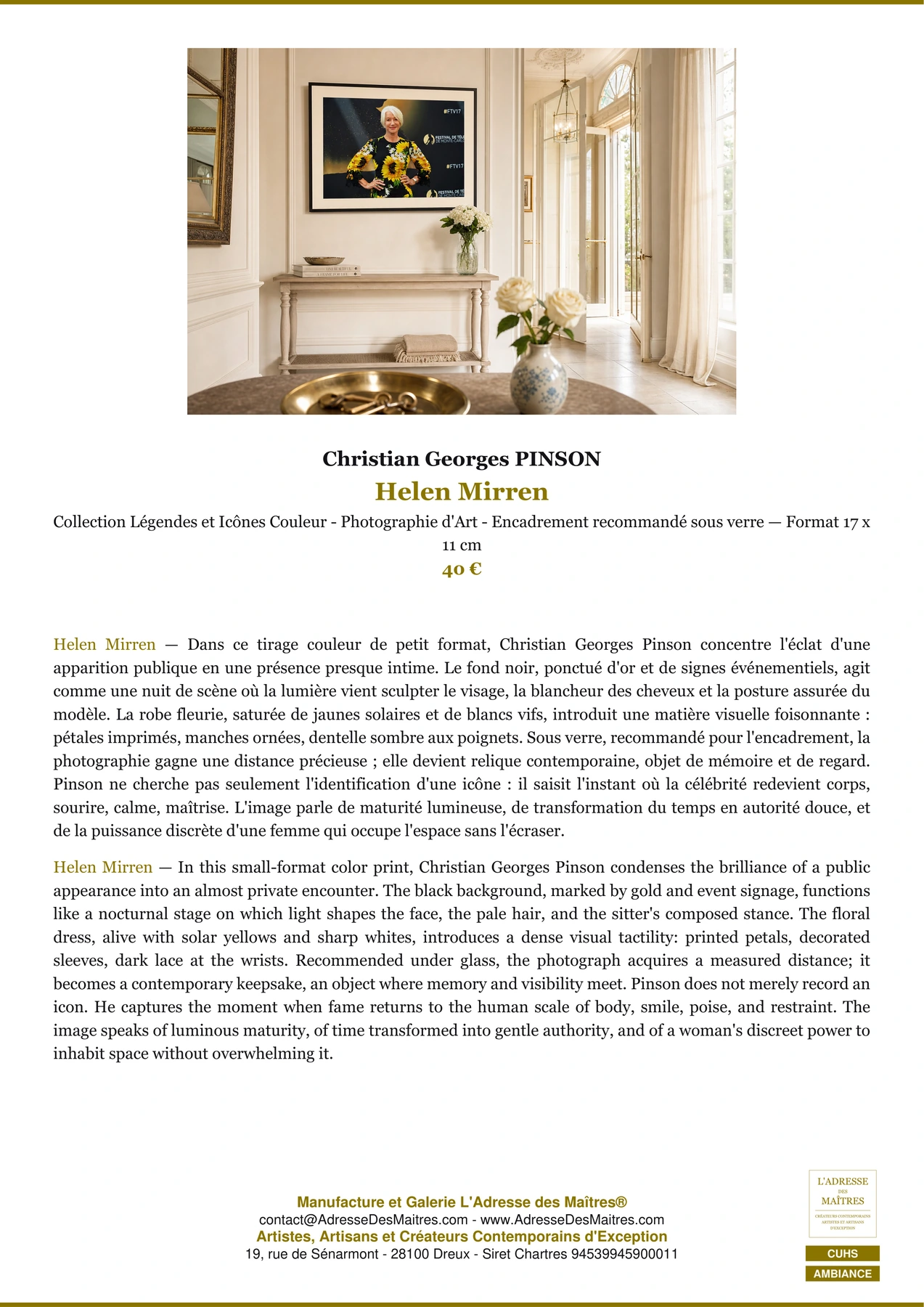 Fiche Premium Ambiance - Helen Mirren - Christian Georges PINSON - L'Adresse des Maîtres®