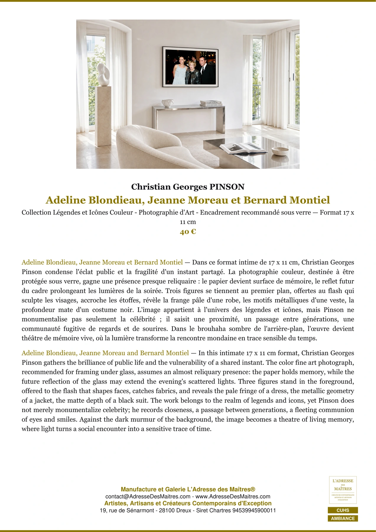 Fiche Premium Ambiance - Adeline Blondieau, Jeanne Moreau et Bernard Montiel - Christian Georges PINSON - L'Adresse des Maîtres®