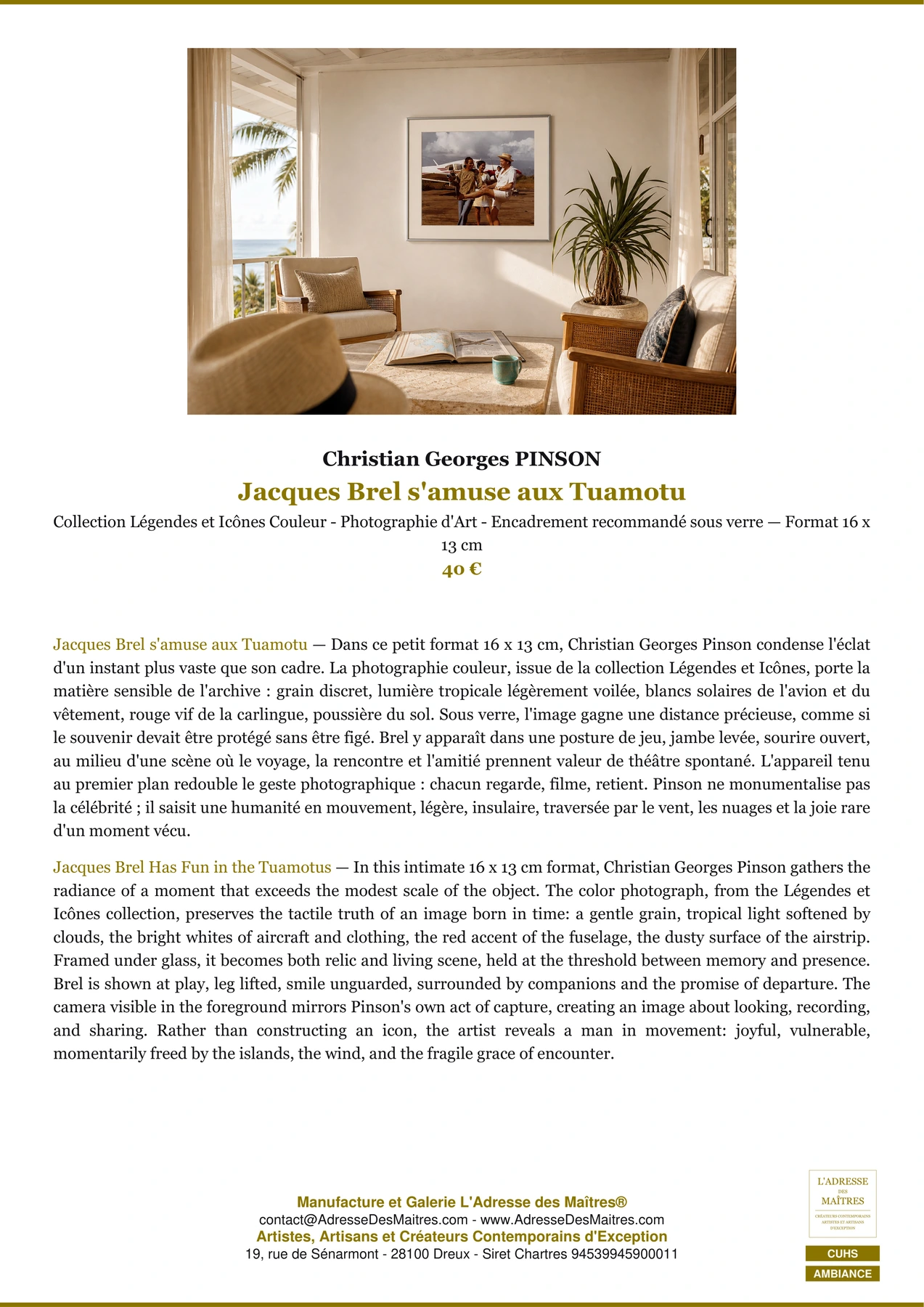 Fiche Premium Ambiance - Jacques Brel s'amuse aux Tuamotu - Christian Georges PINSON - L'Adresse des Maîtres®