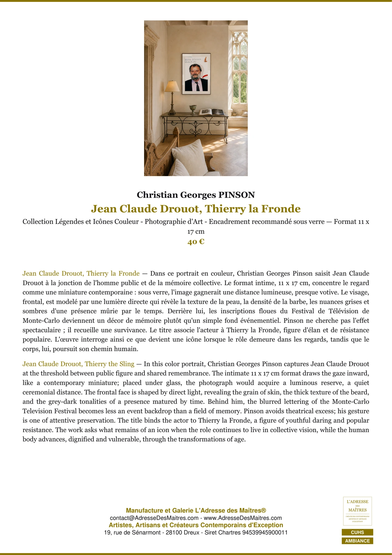Fiche Premium Ambiance - Jean Claude Drouot, Thierry la Fronde - Christian Georges PINSON - L'Adresse des Maîtres®
