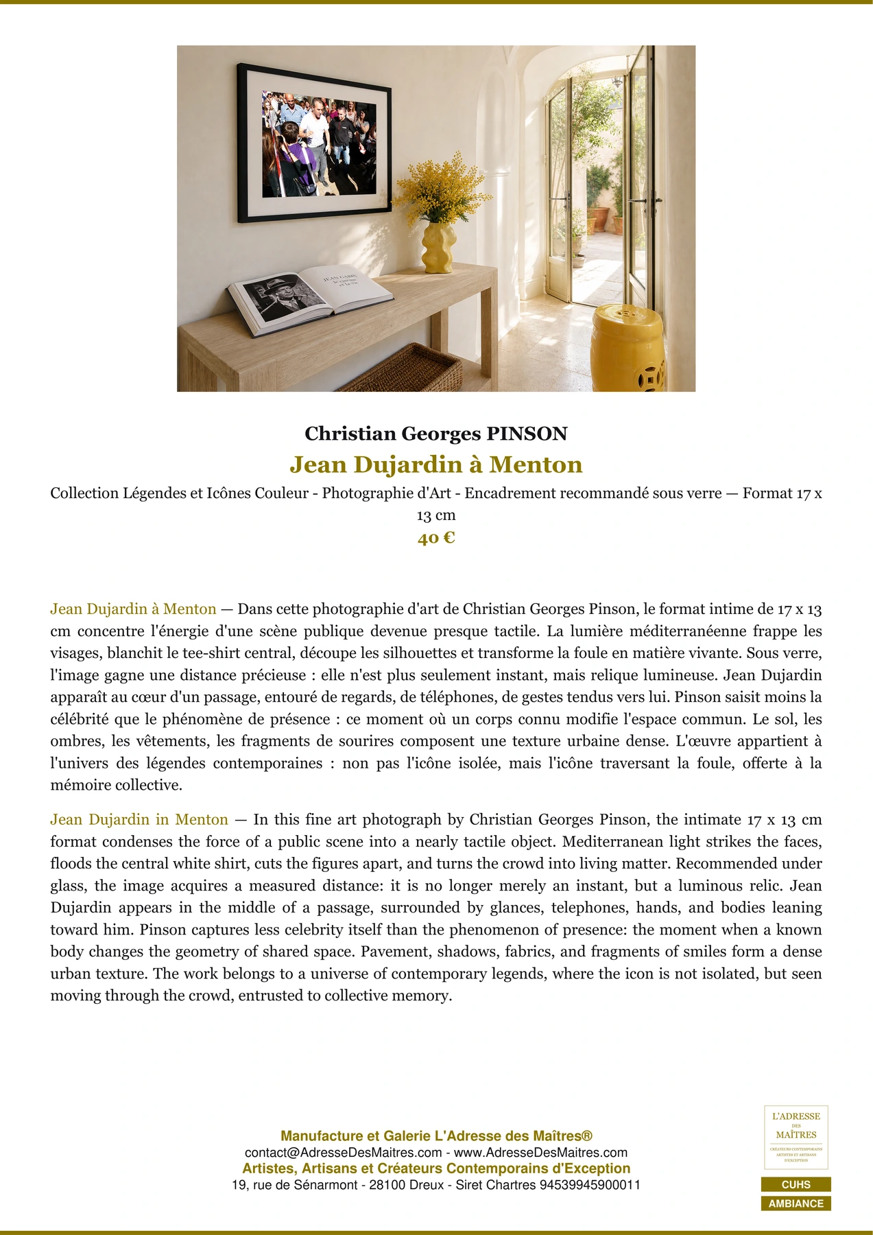 Fiche Premium Ambiance - Jean Dujardin à Menton - Christian Georges PINSON - L'Adresse des Maîtres®