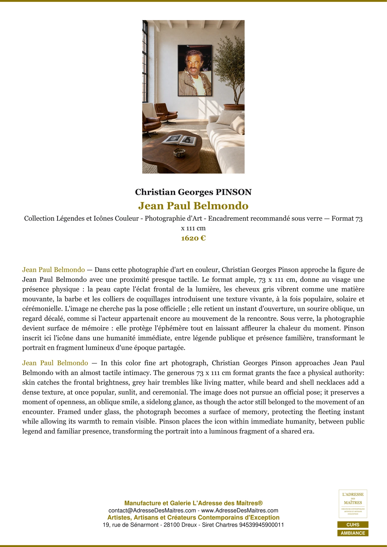 Fiche Premium Ambiance - Jean Paul Belmondo - Christian Georges PINSON - L'Adresse des Maîtres®