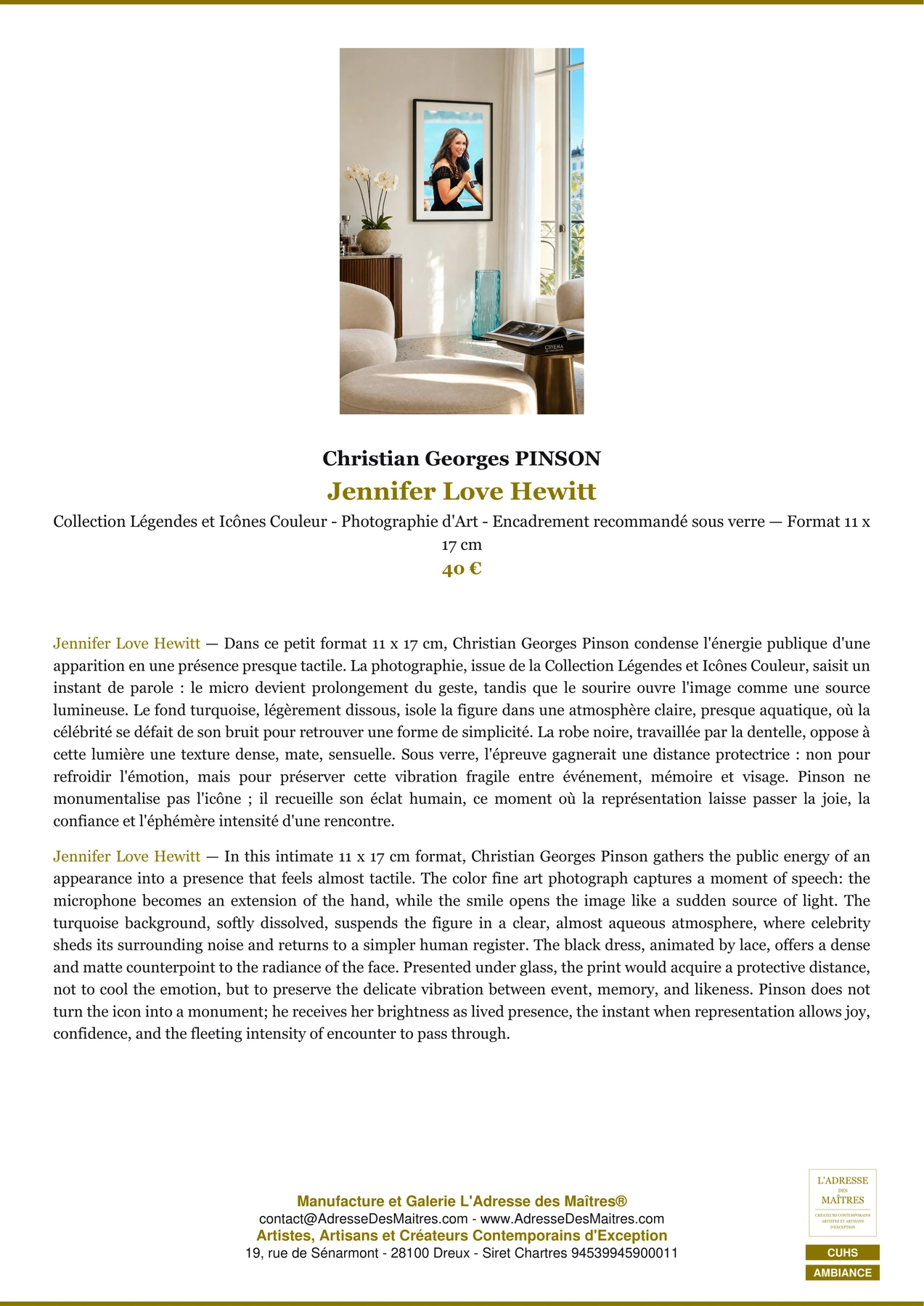 Fiche Premium Ambiance - Jennifer Love Hewitt - Christian Georges PINSON - L'Adresse des Maîtres®