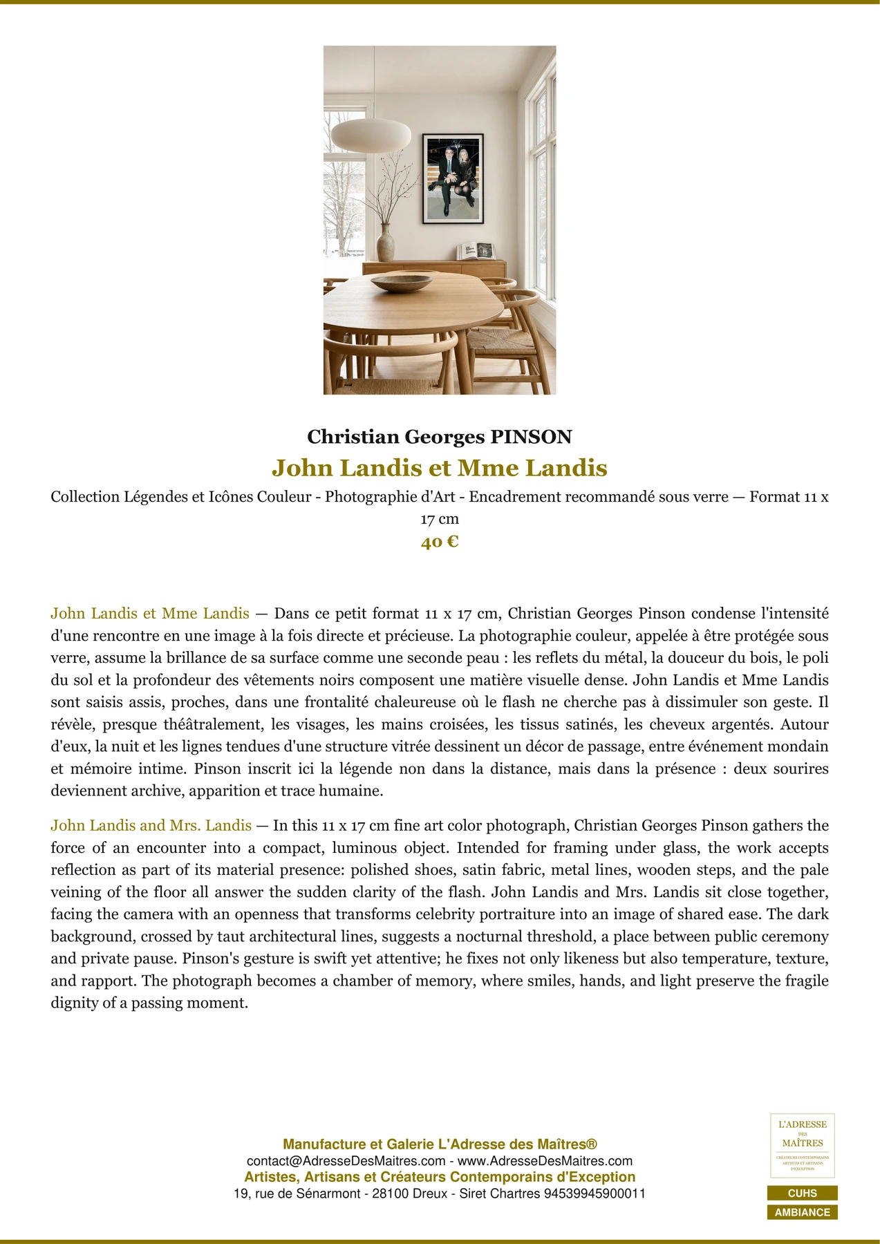 Fiche Premium Ambiance - John Landis et Mme Landis - Christian Georges PINSON - L'Adresse des Maîtres®