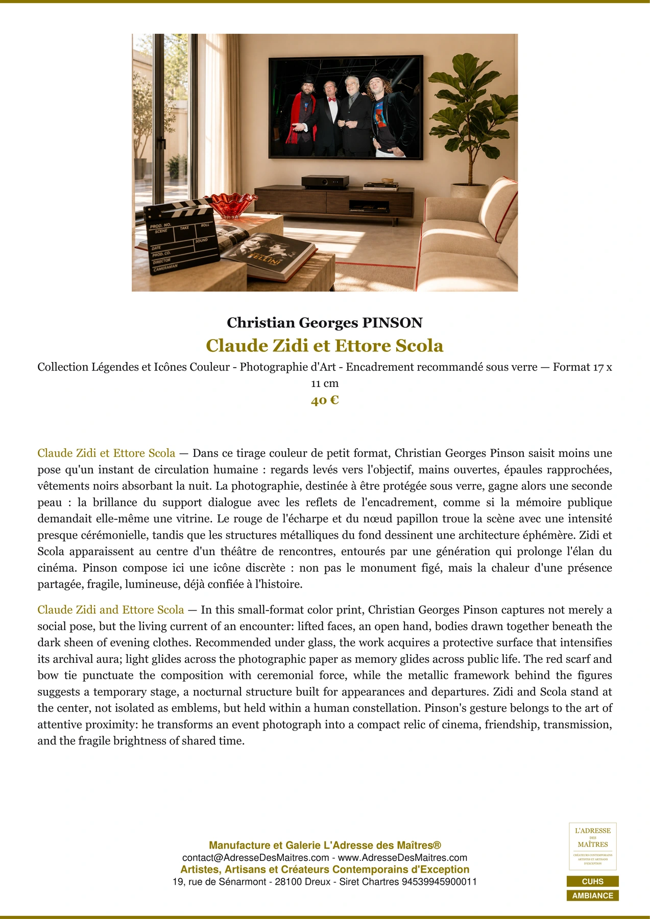 Fiche Premium Ambiance - Claude Zidi et Ettore Scola - Christian Georges PINSON - L'Adresse des Maîtres®