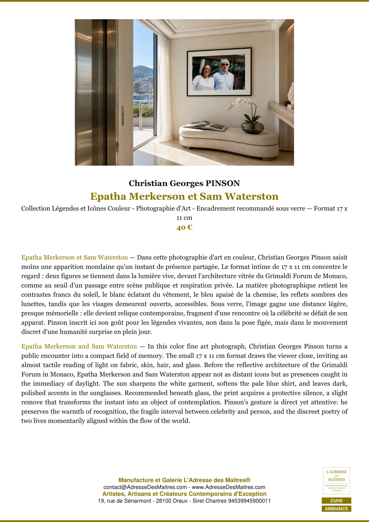 Fiche Premium Ambiance - Epatha Merkerson et Sam Waterston - Christian Georges PINSON - L'Adresse des Maîtres®