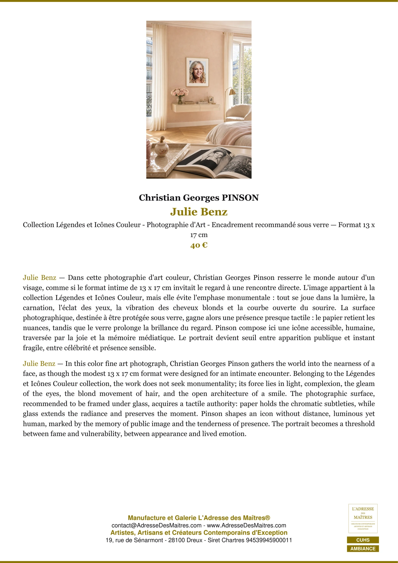 Fiche Premium Ambiance - Julie Benz - Christian Georges PINSON - L'Adresse des Maîtres®